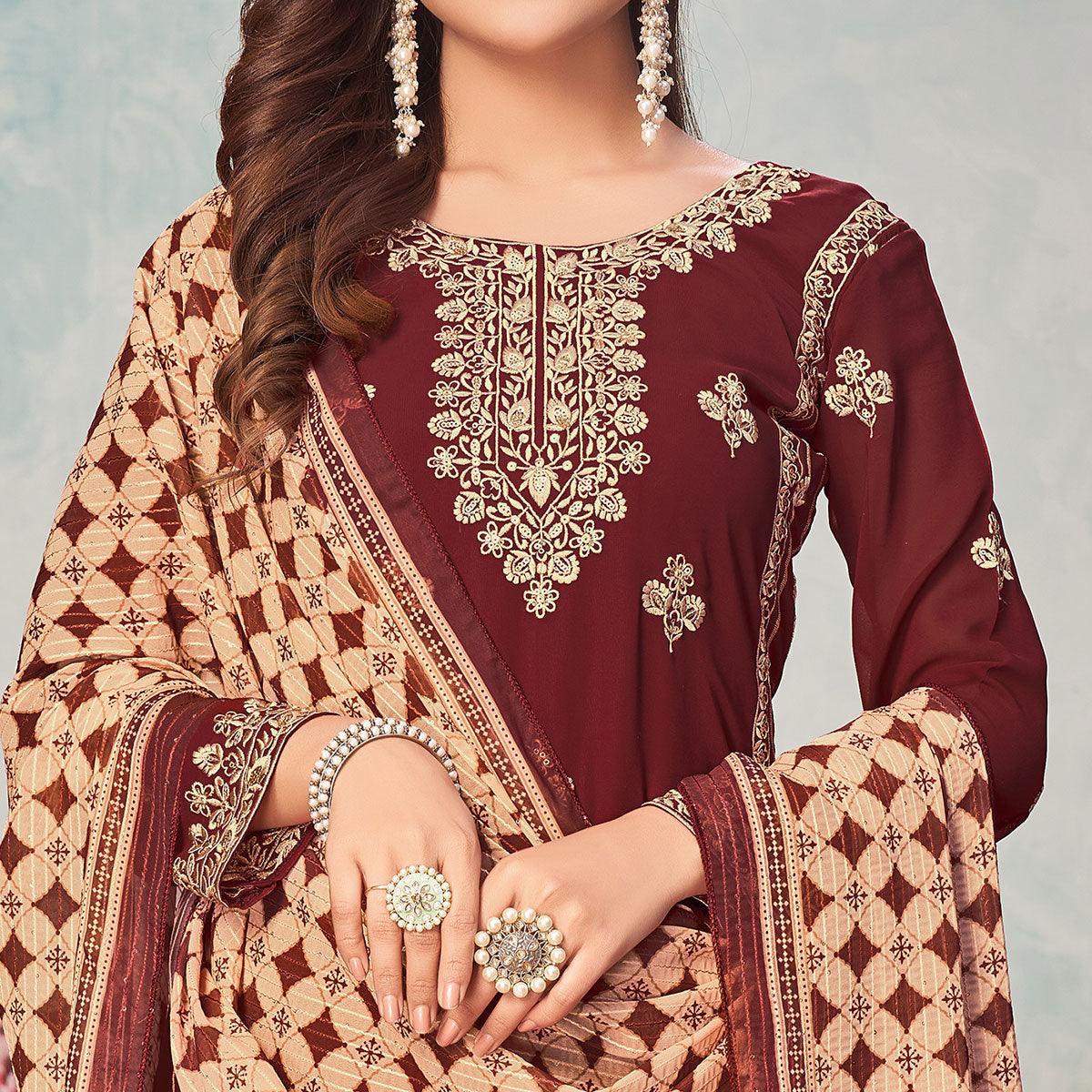 Brown Partywear Embroidered Faux Georgette Salwar Suit - Peachmode