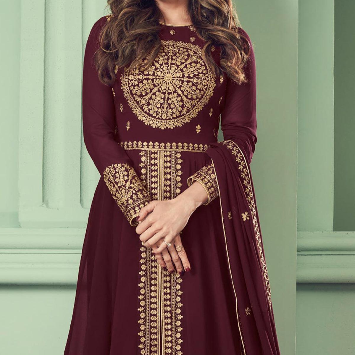 Brown Partywear Embroidered Georgette Gown - Peachmode