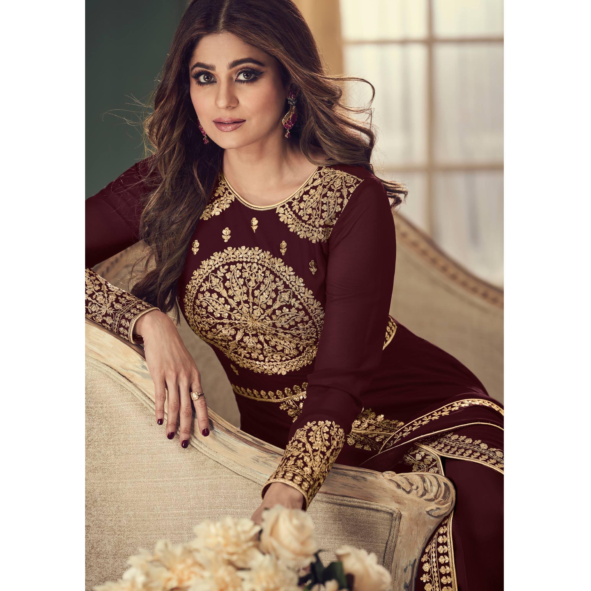 Brown Partywear Embroidered Georgette Gown - Peachmode