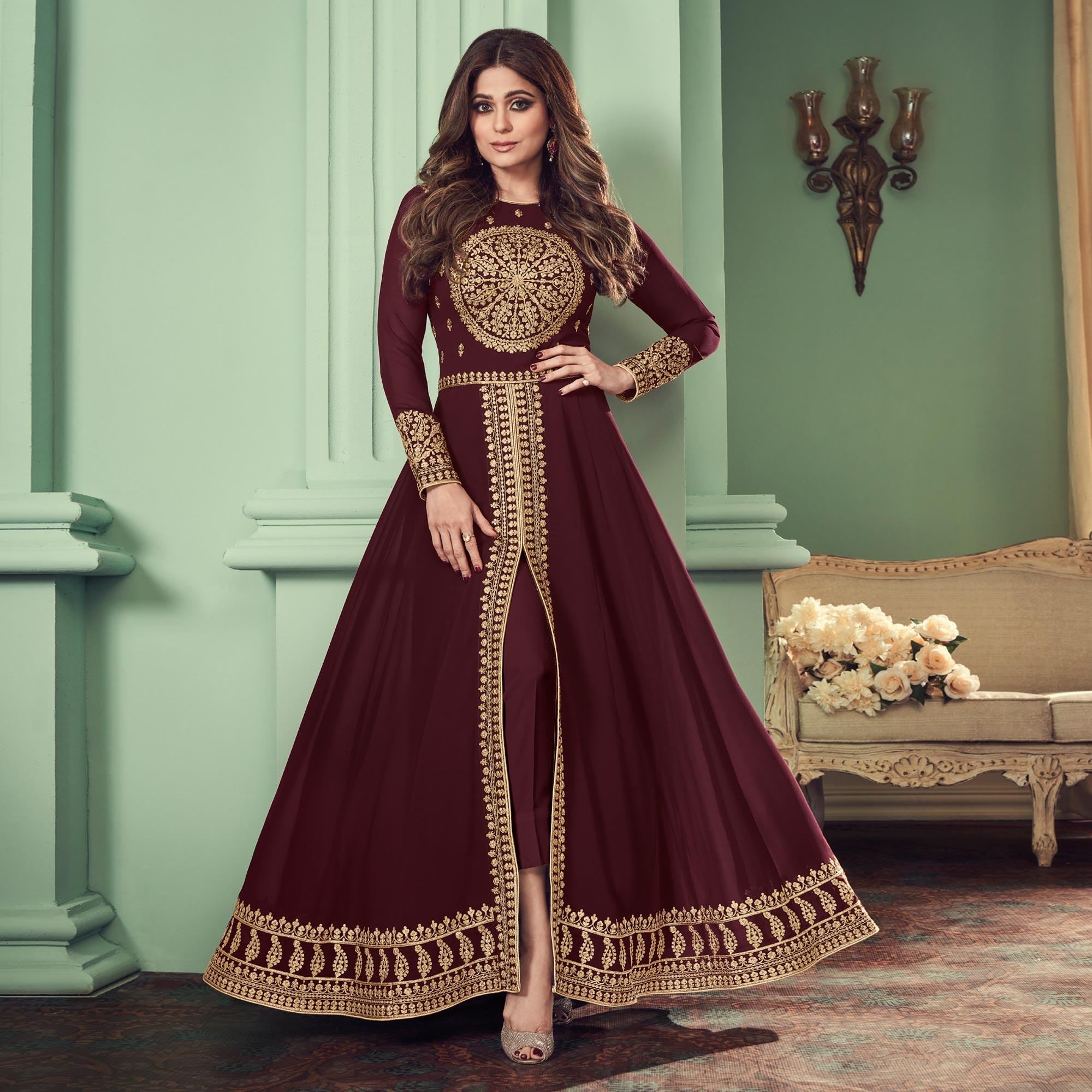 Brown Partywear Embroidered Georgette Gown - Peachmode