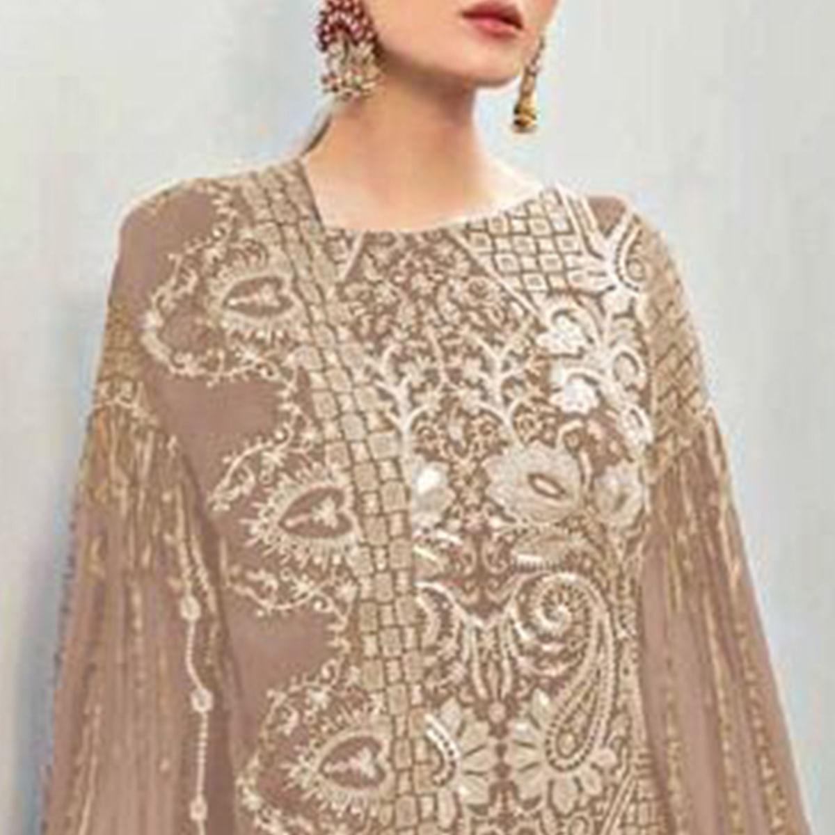 Brown Partywear Embroidered Georgette Pakistani Suit - Peachmode