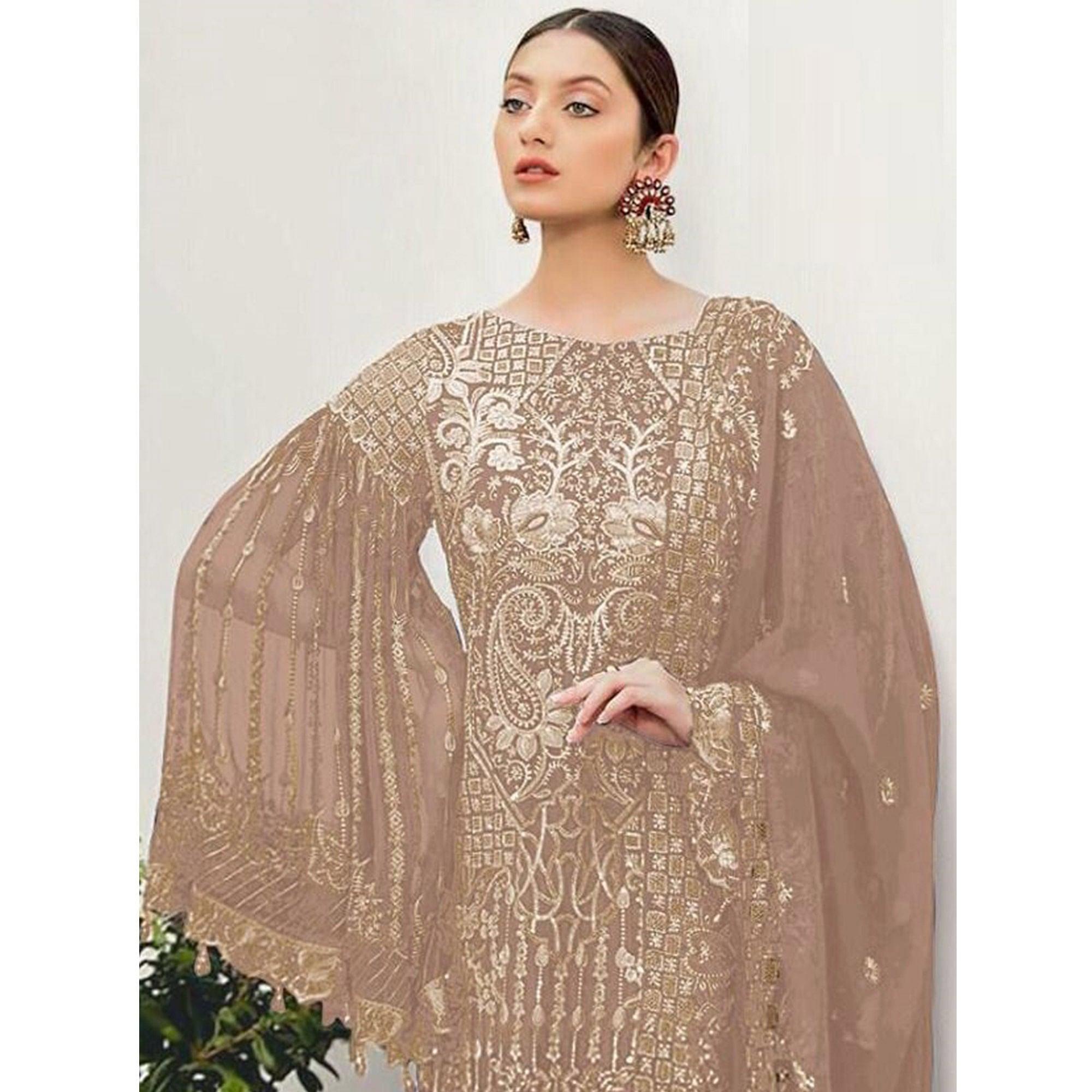 Brown Partywear Embroidered Georgette Pakistani Suit - Peachmode
