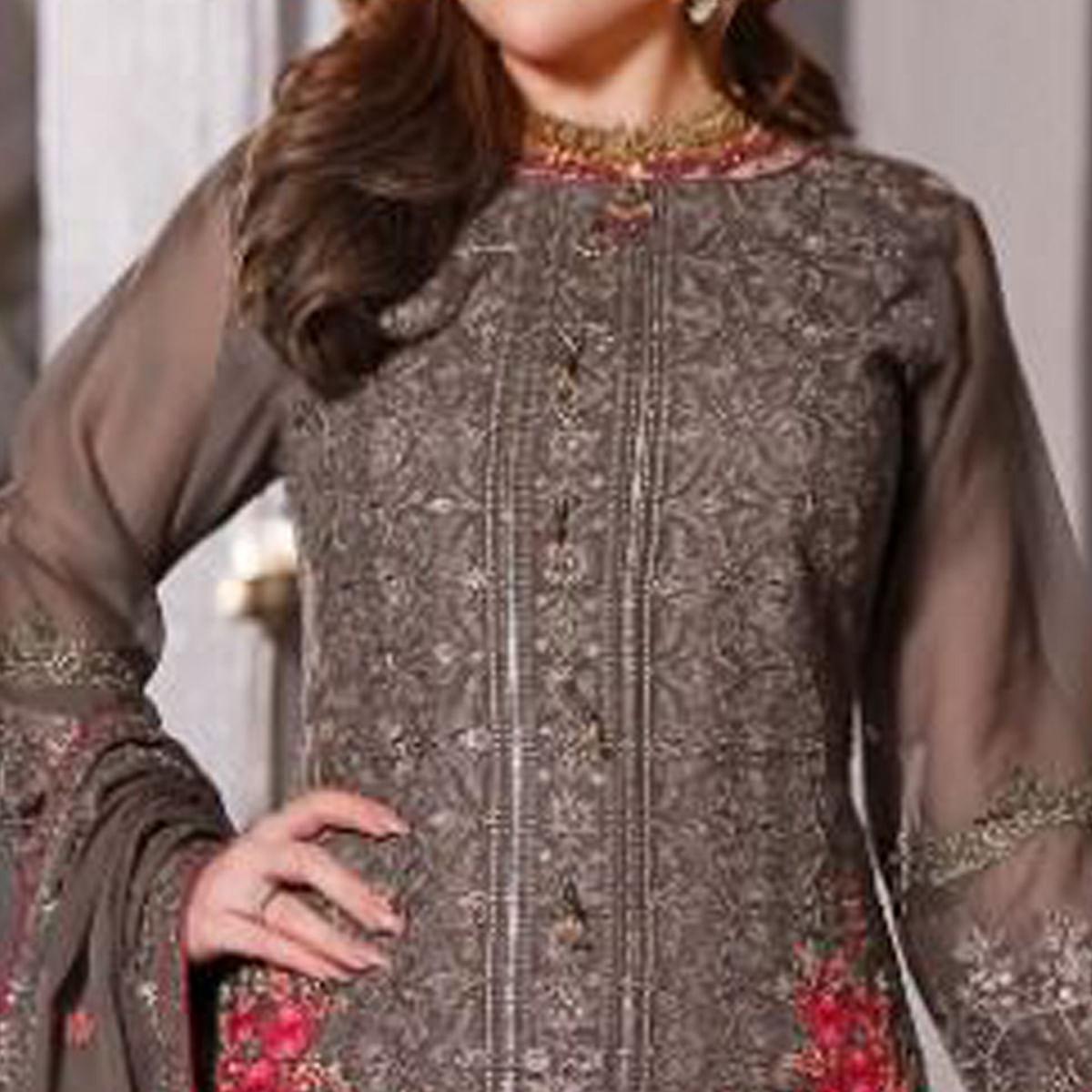 Brown Partywear Embroidered Georgette Pakistani Suit - Peachmode