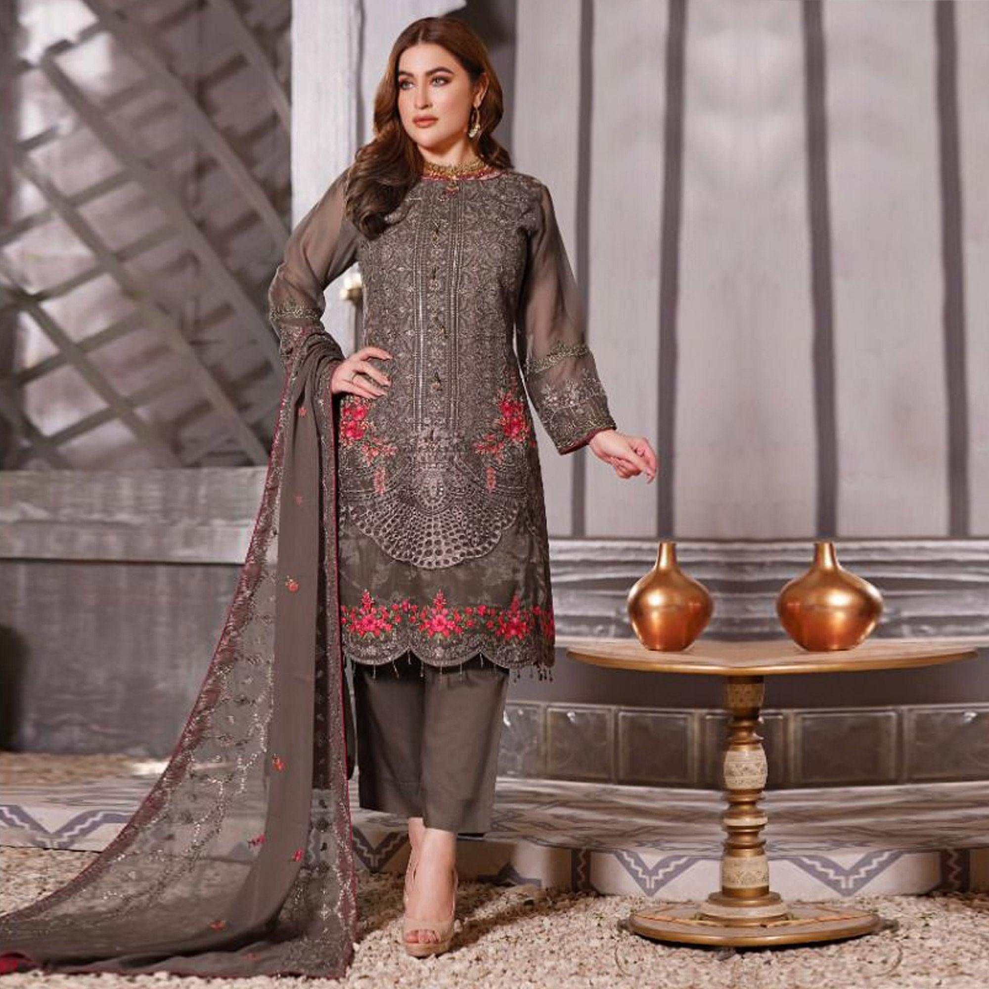 Brown Partywear Embroidered Georgette Pakistani Suit - Peachmode
