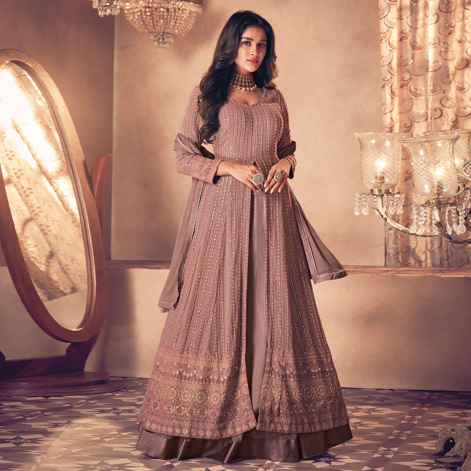 Brown Partywear Embroidered Georgette Top Skirt Set