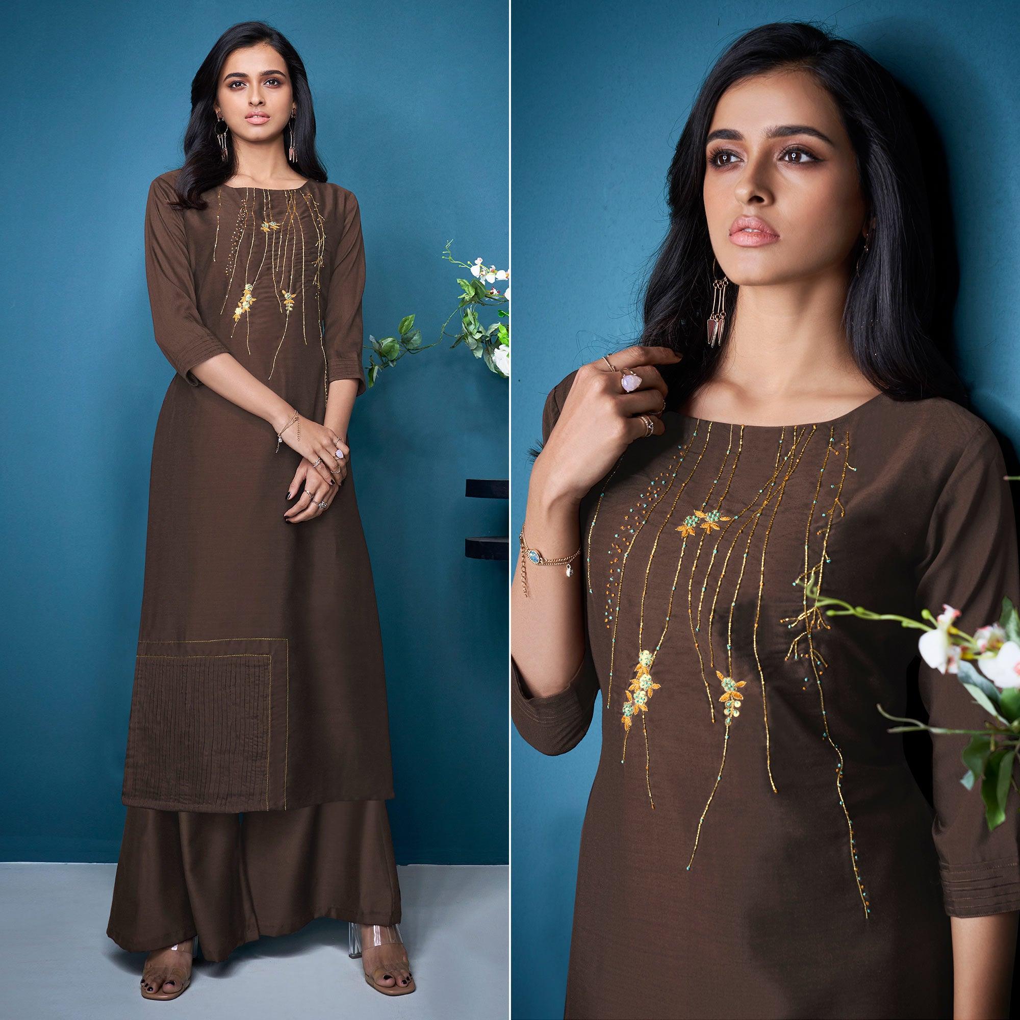 Brown Partywear Embroidered Handwork Silk Kurti Palazzo Set - Peachmode