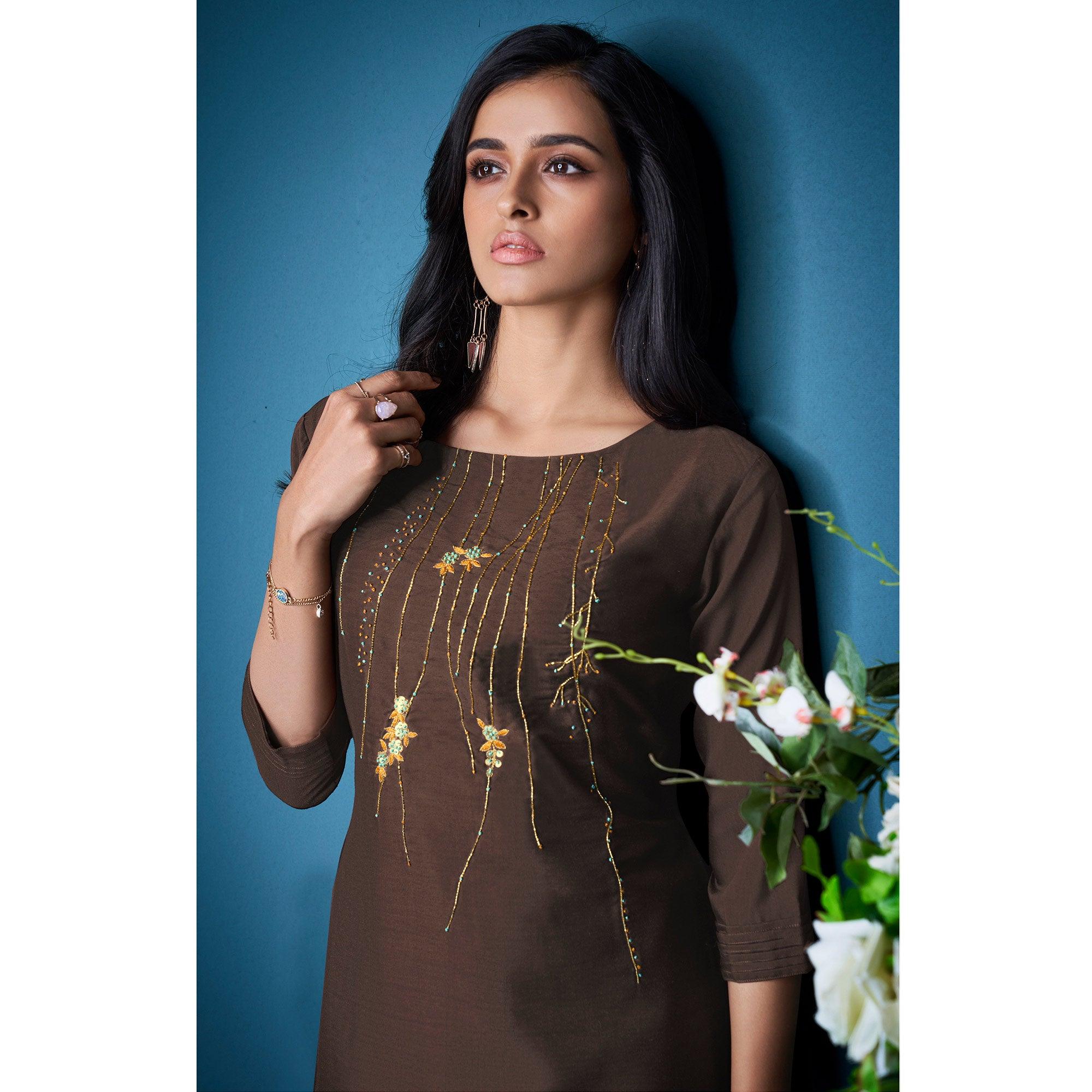 Brown Partywear Embroidered Handwork Silk Kurti Palazzo Set - Peachmode