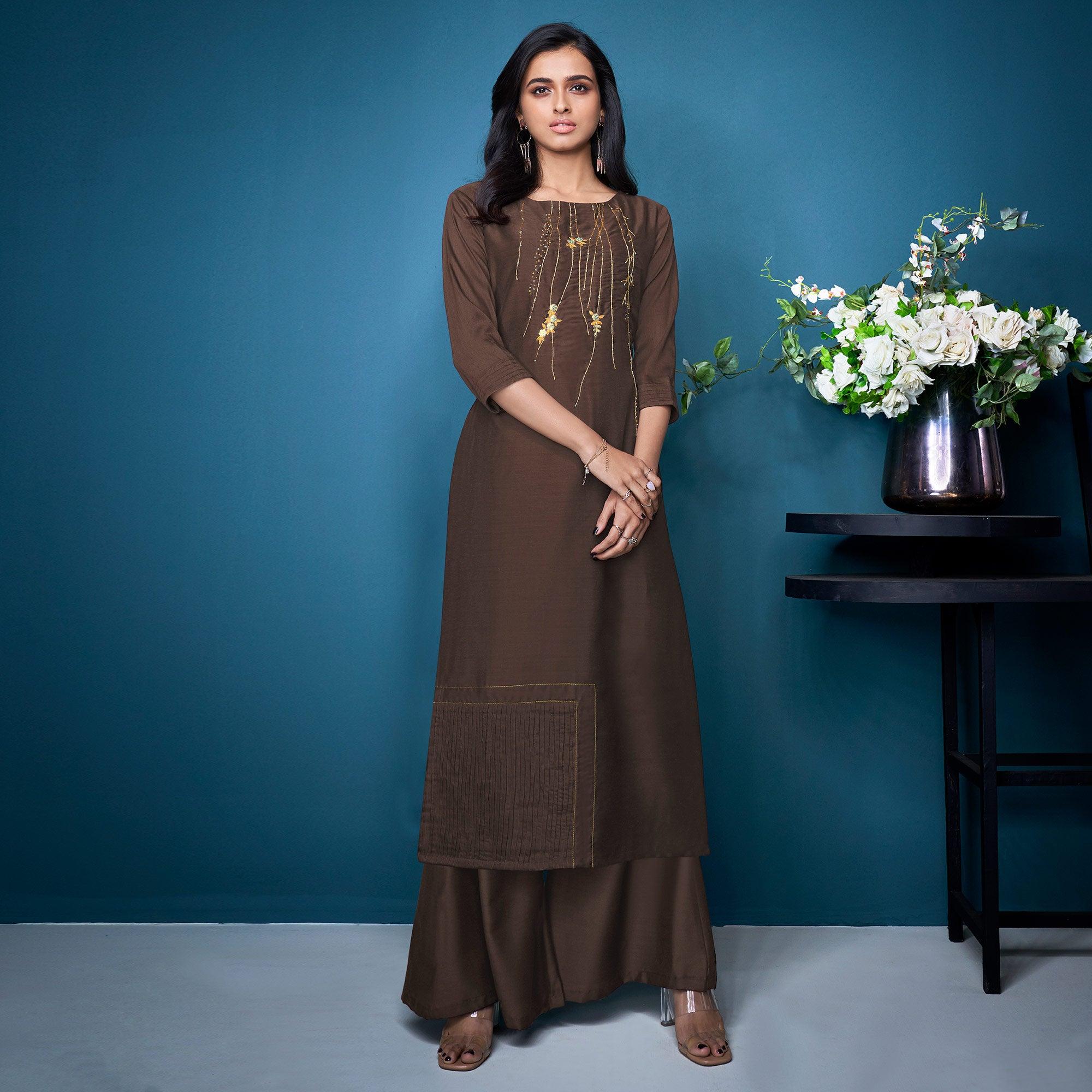 Brown Partywear Embroidered Handwork Silk Kurti Palazzo Set - Peachmode