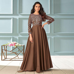 Brown Partywear Embroidered Muslin Silk Gown - Peachmode