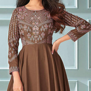 Brown Partywear Embroidered Muslin Silk Gown - Peachmode