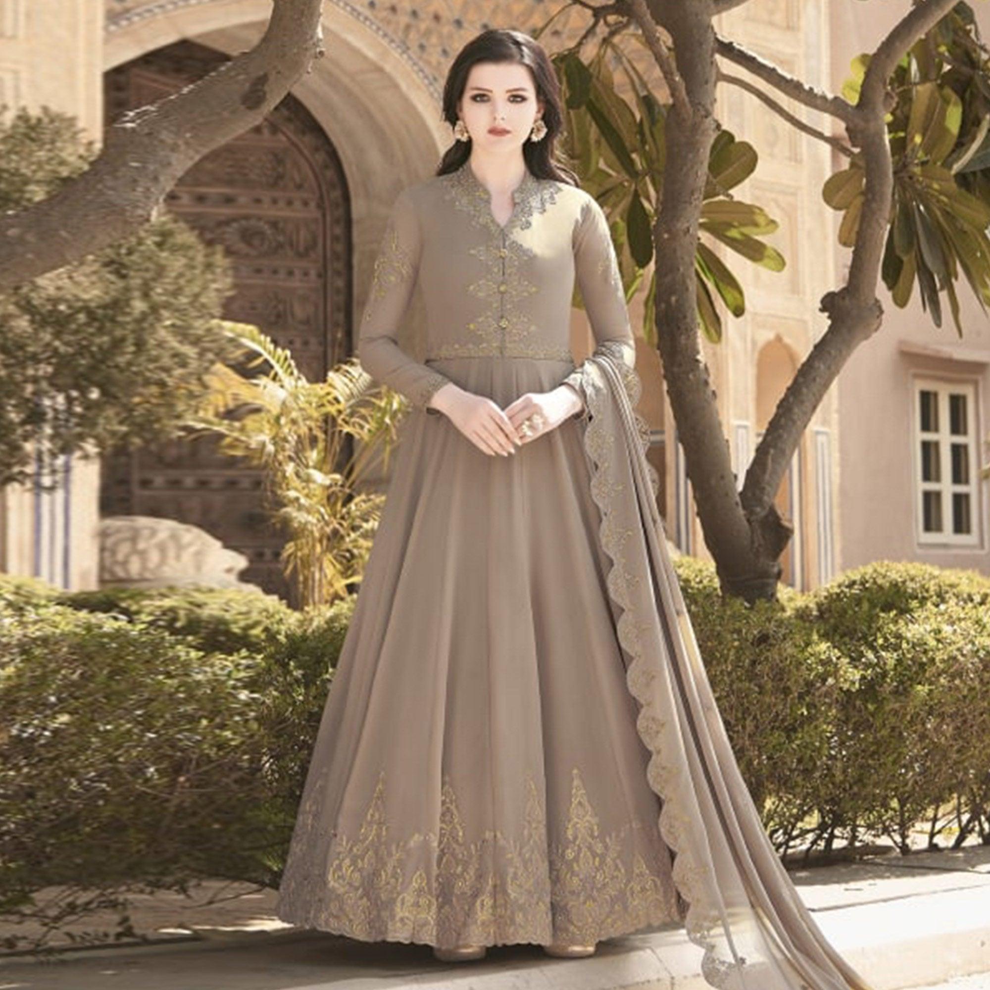Brown Partywear Embroidered Soft Georgette Suit - Peachmode