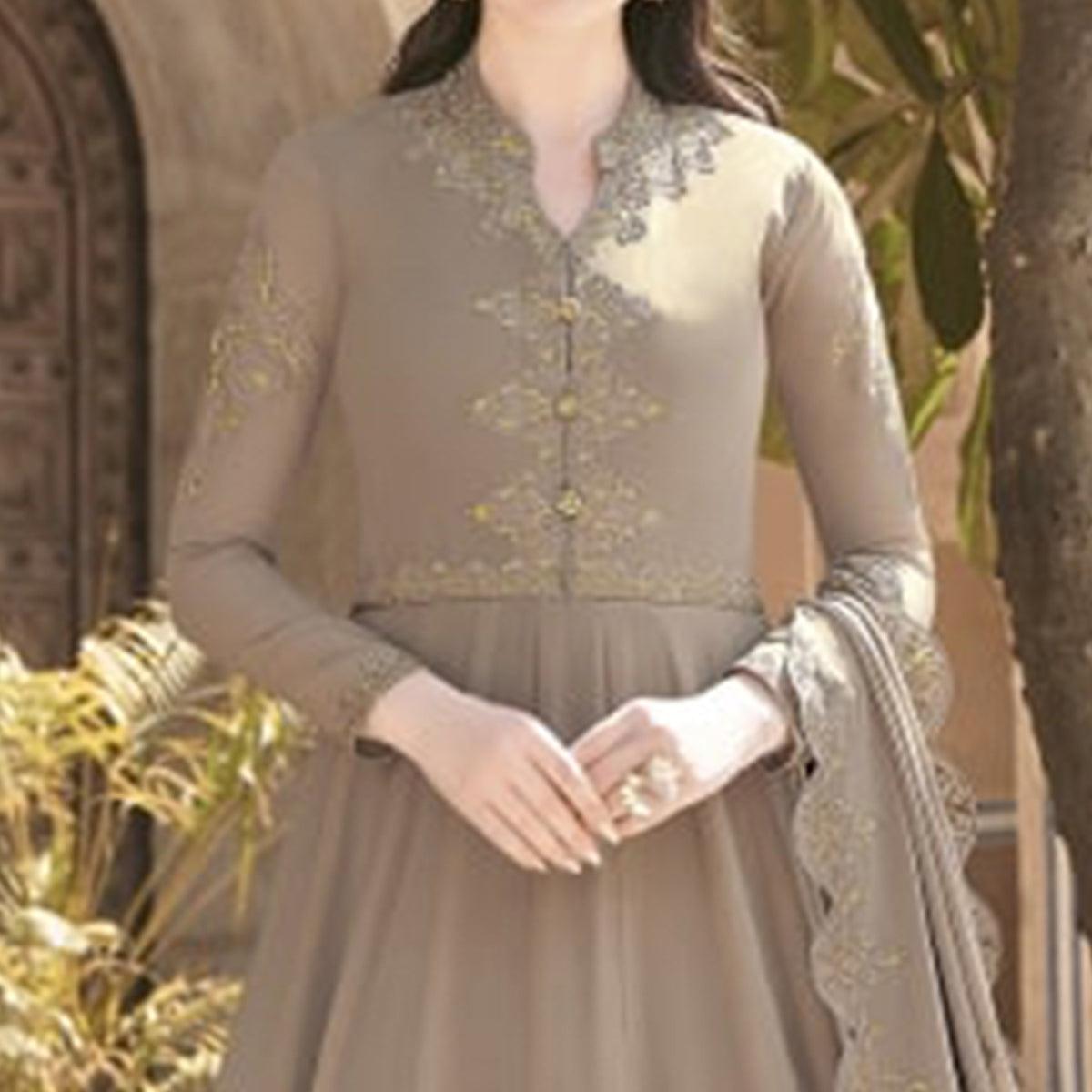 Brown Partywear Embroidered Soft Georgette Suit - Peachmode
