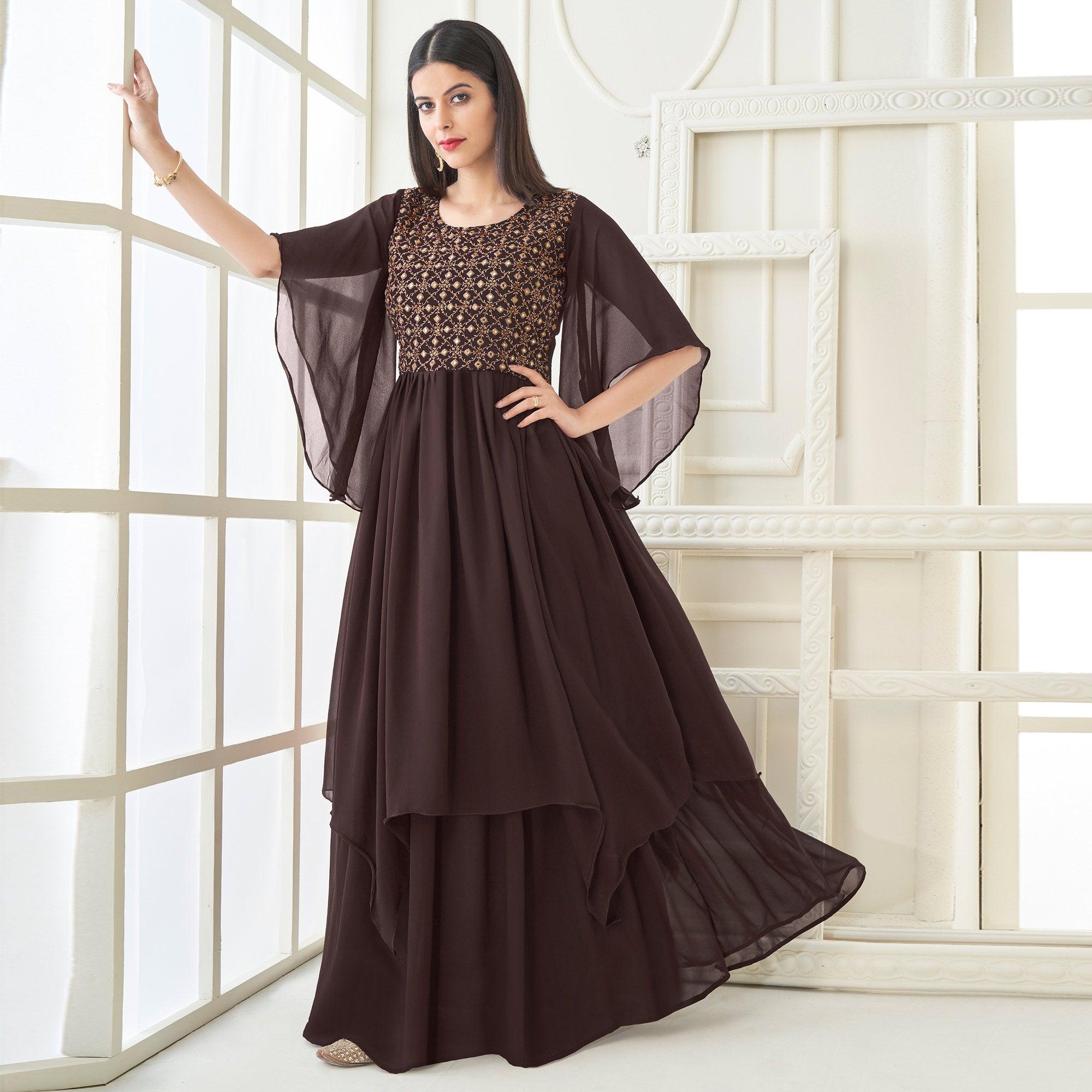 Brown Partywear Embroidered with Handwork Heavy Georgette Gown - Peachmode