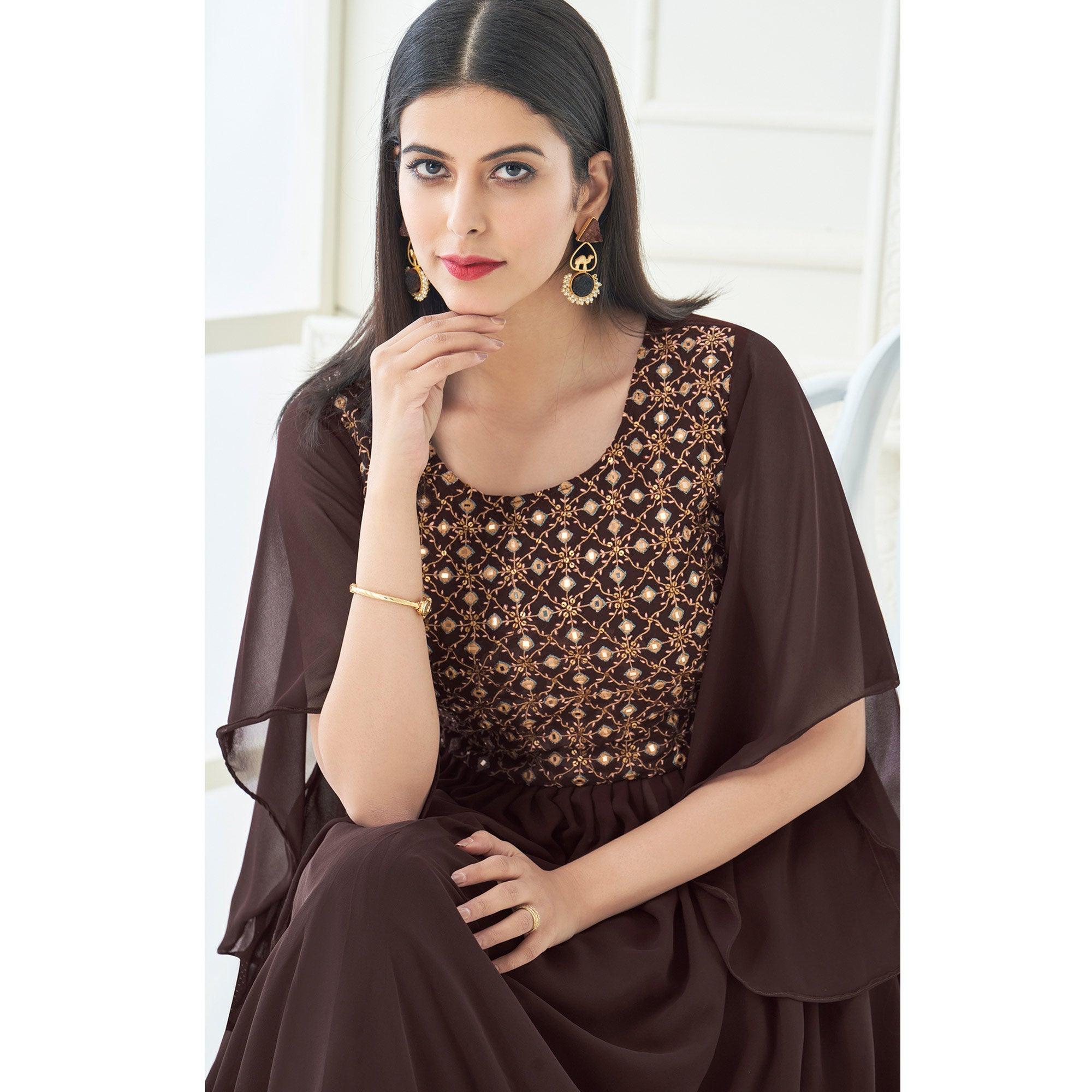 Brown Partywear Embroidered with Handwork Heavy Georgette Gown - Peachmode