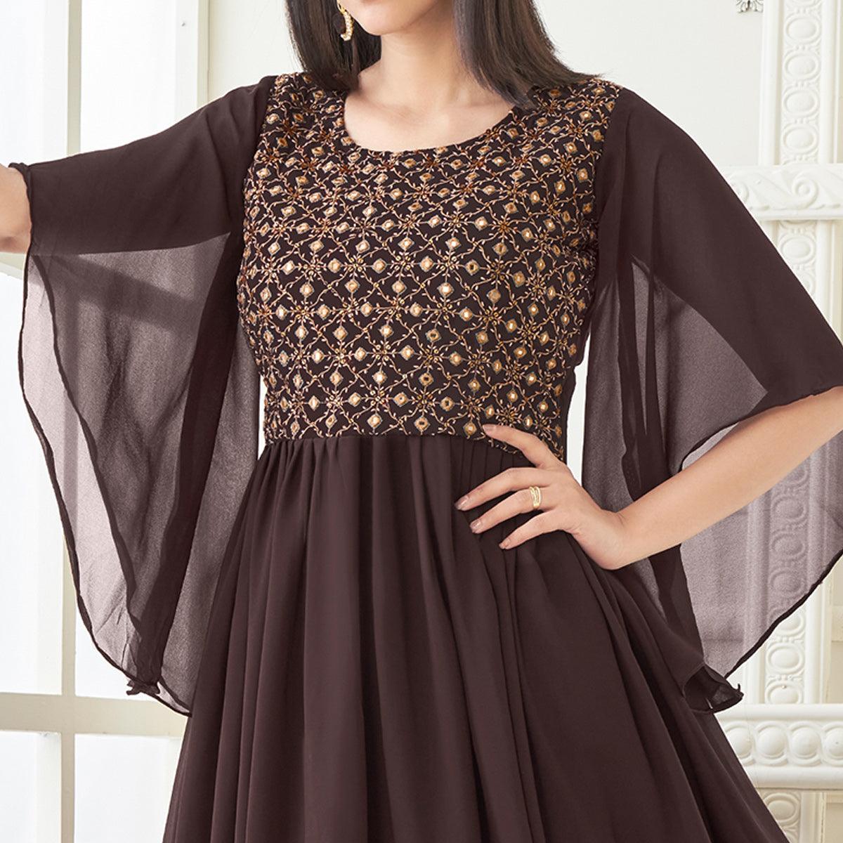 Brown Partywear Embroidered with Handwork Heavy Georgette Gown - Peachmode