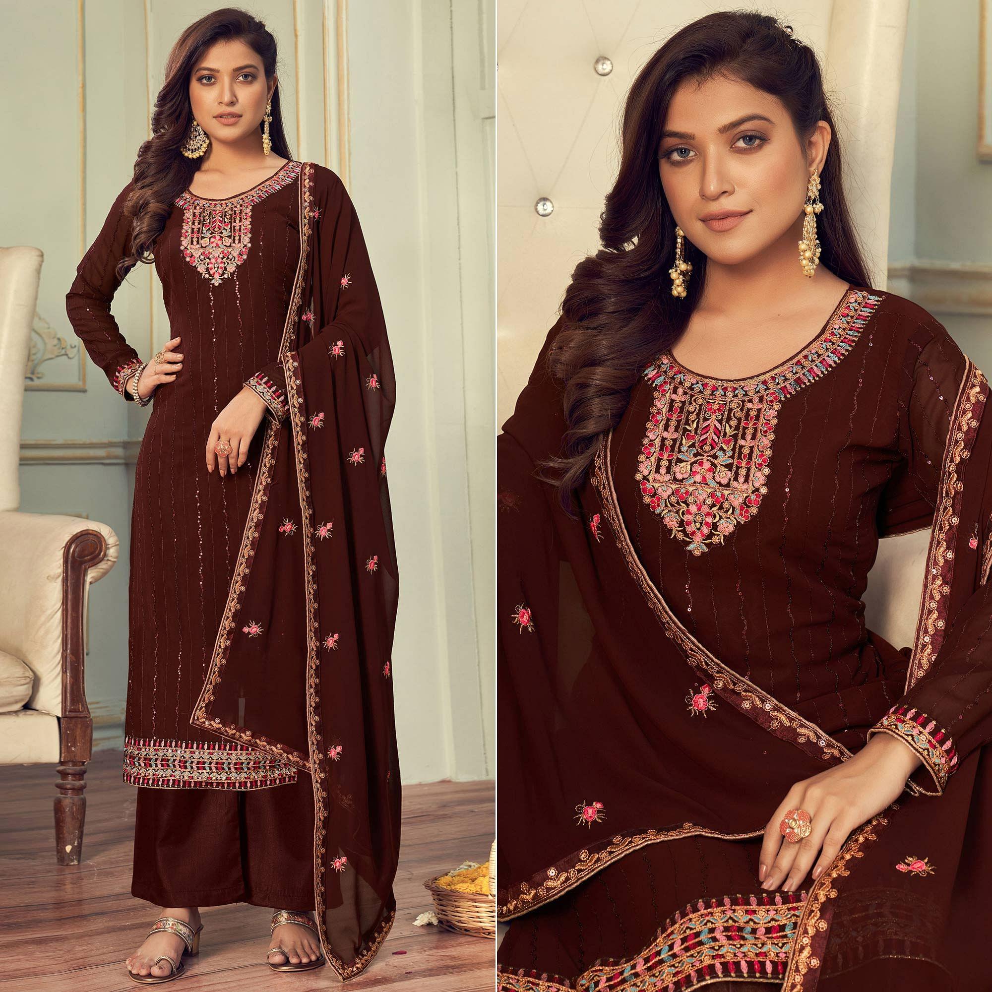 Brown Partywear Embroidery With Embellished Georgette Suit - Peachmode