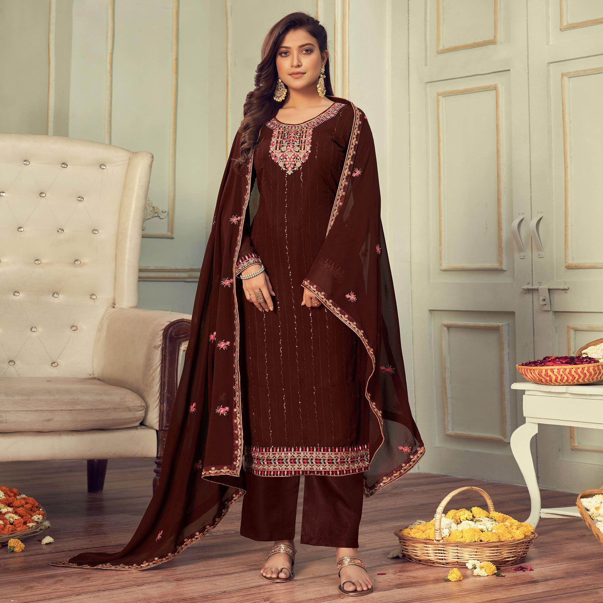 Brown Partywear Embroidery With Embellished Georgette Suit - Peachmode