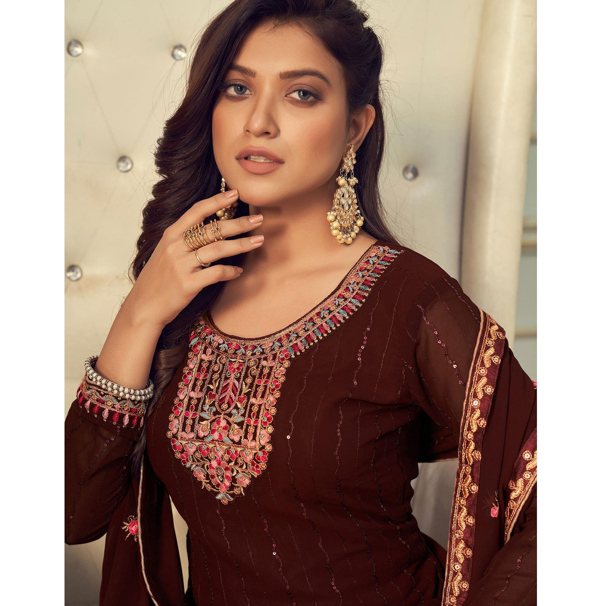 Brown Partywear Embroidery With Embellished Georgette Suit - Peachmode