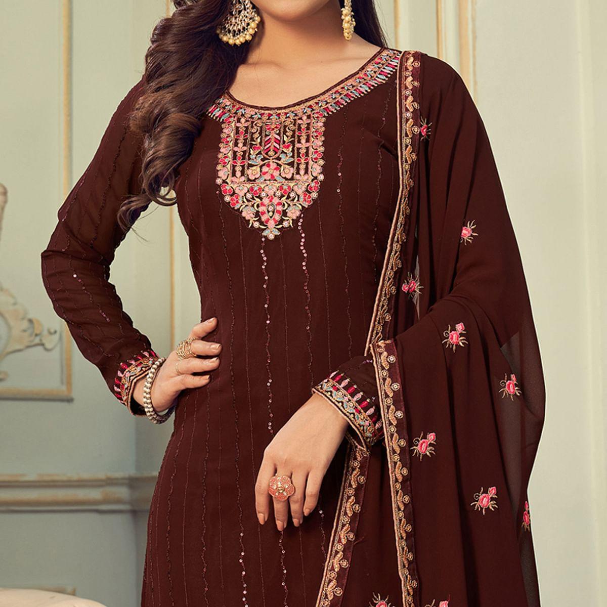 Brown Partywear Embroidery With Embellished Georgette Suit - Peachmode