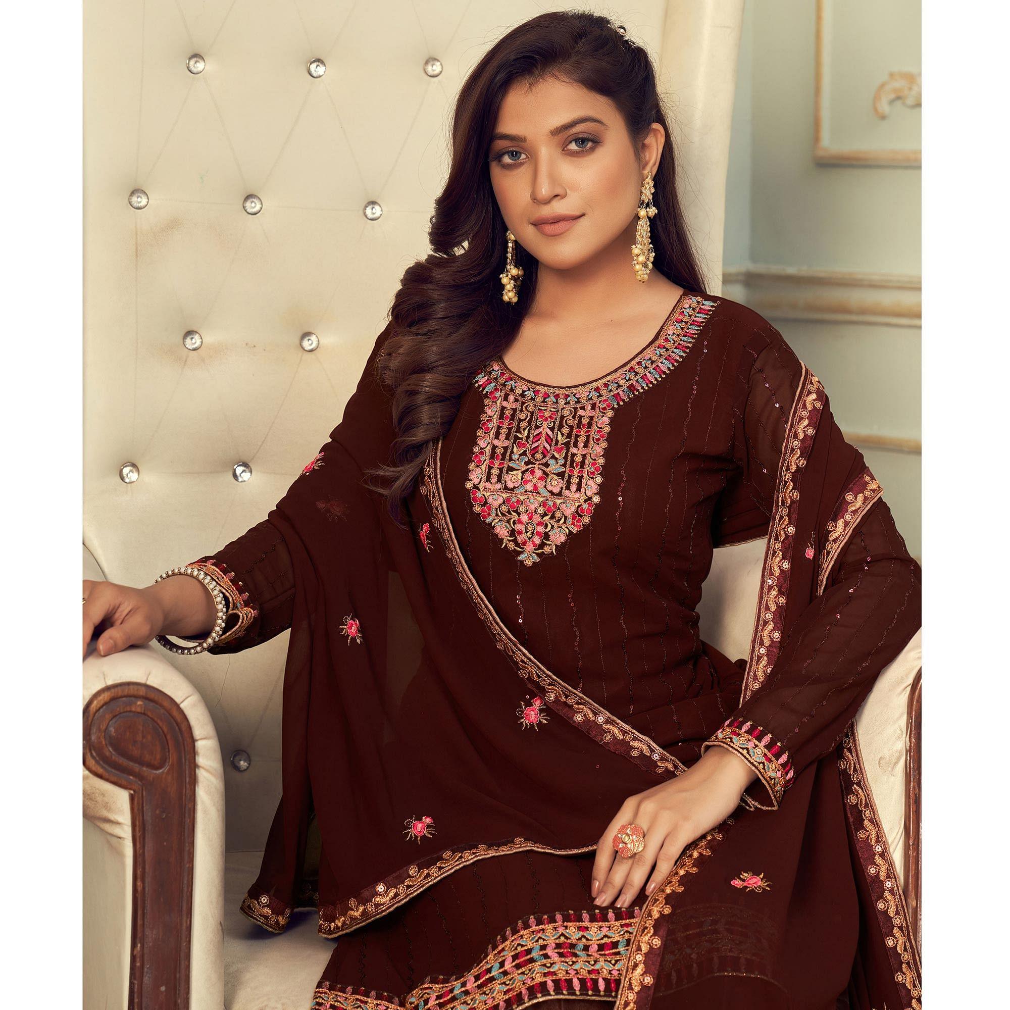 Brown Partywear Embroidery With Embellished Georgette Suit - Peachmode