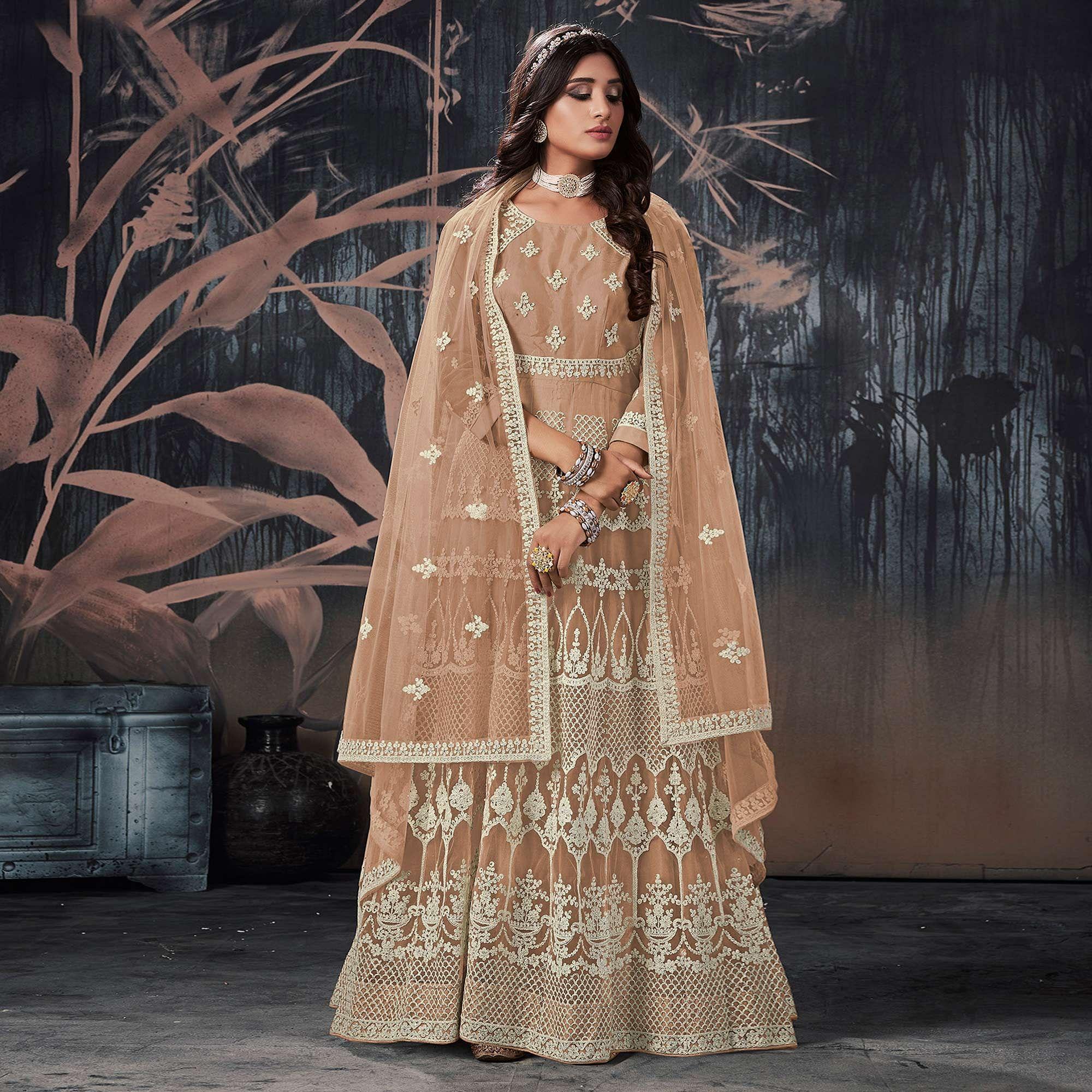 Brown Partywear Embroidery With Embellished Net Gown - Peachmode
