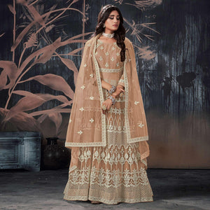 Brown Partywear Embroidery With Embellished Net Gown - Peachmode