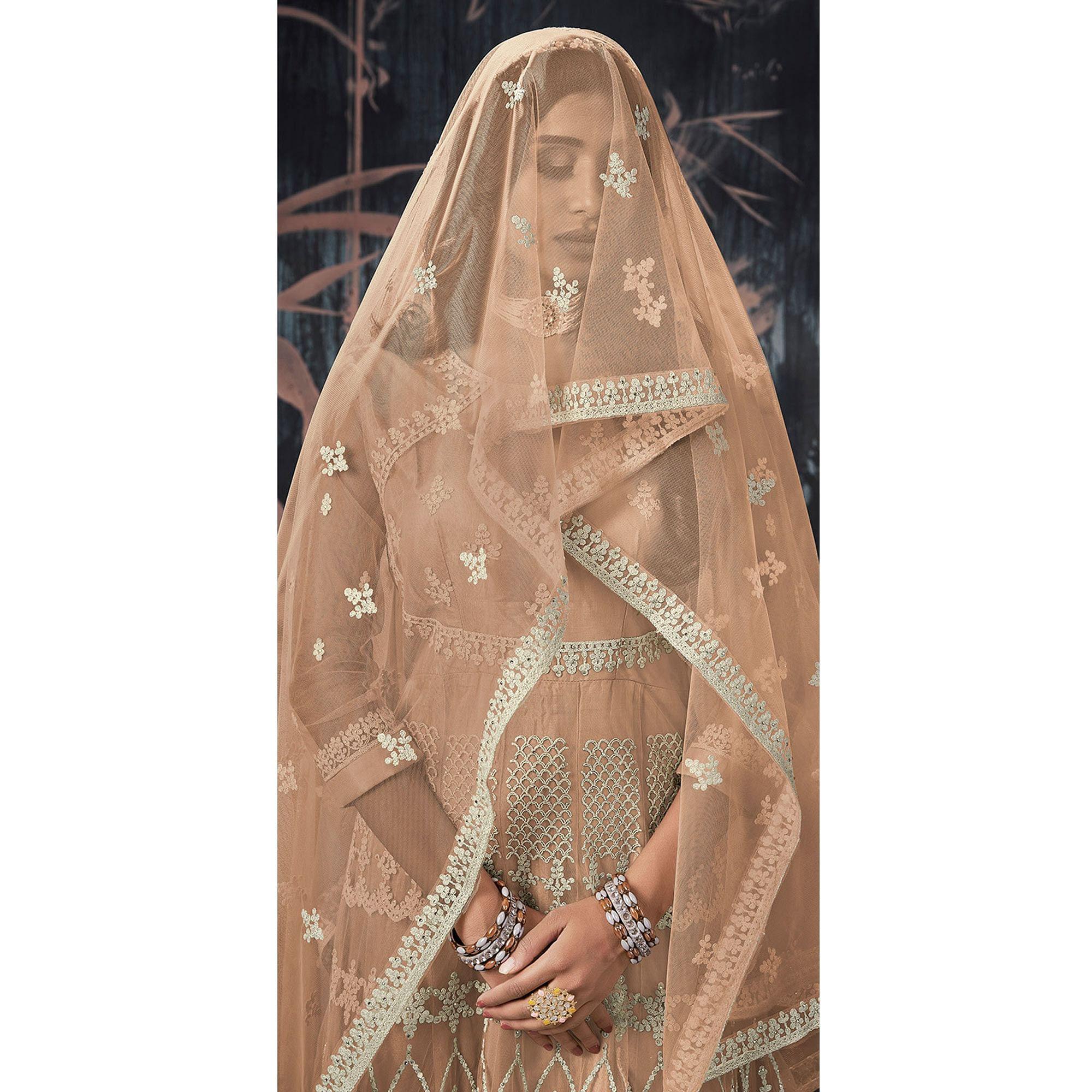 Brown Partywear Embroidery With Embellished Net Gown - Peachmode