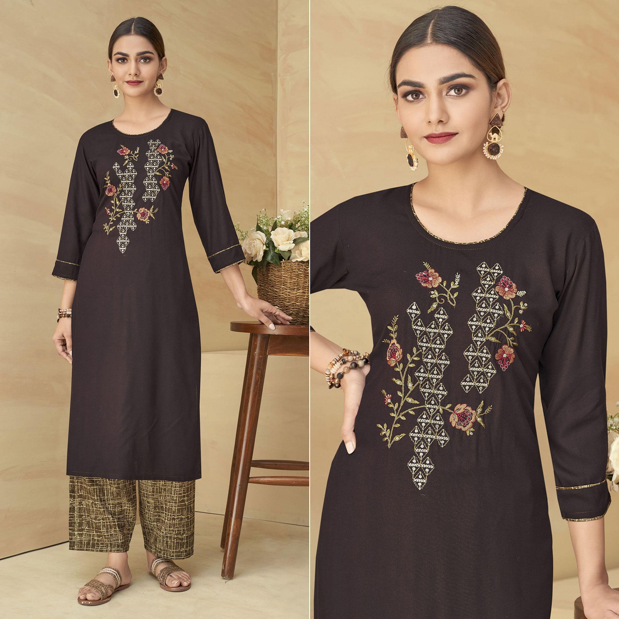 Brown Partywear Floral Embroidered Rayon Kurti Palazzo Set - Peachmode