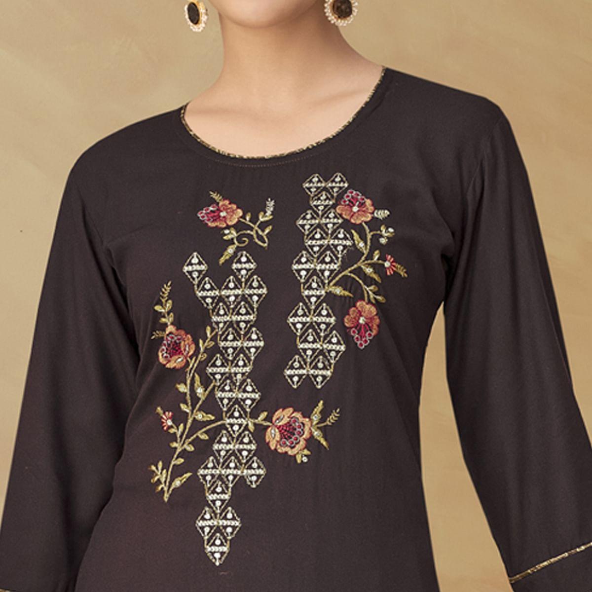 Brown Partywear Floral Embroidered Rayon Kurti Palazzo Set - Peachmode