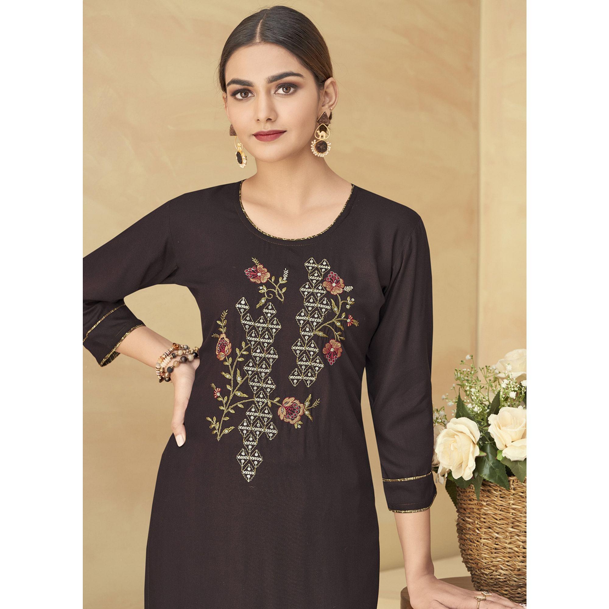 Brown Partywear Floral Embroidered Rayon Kurti Palazzo Set - Peachmode