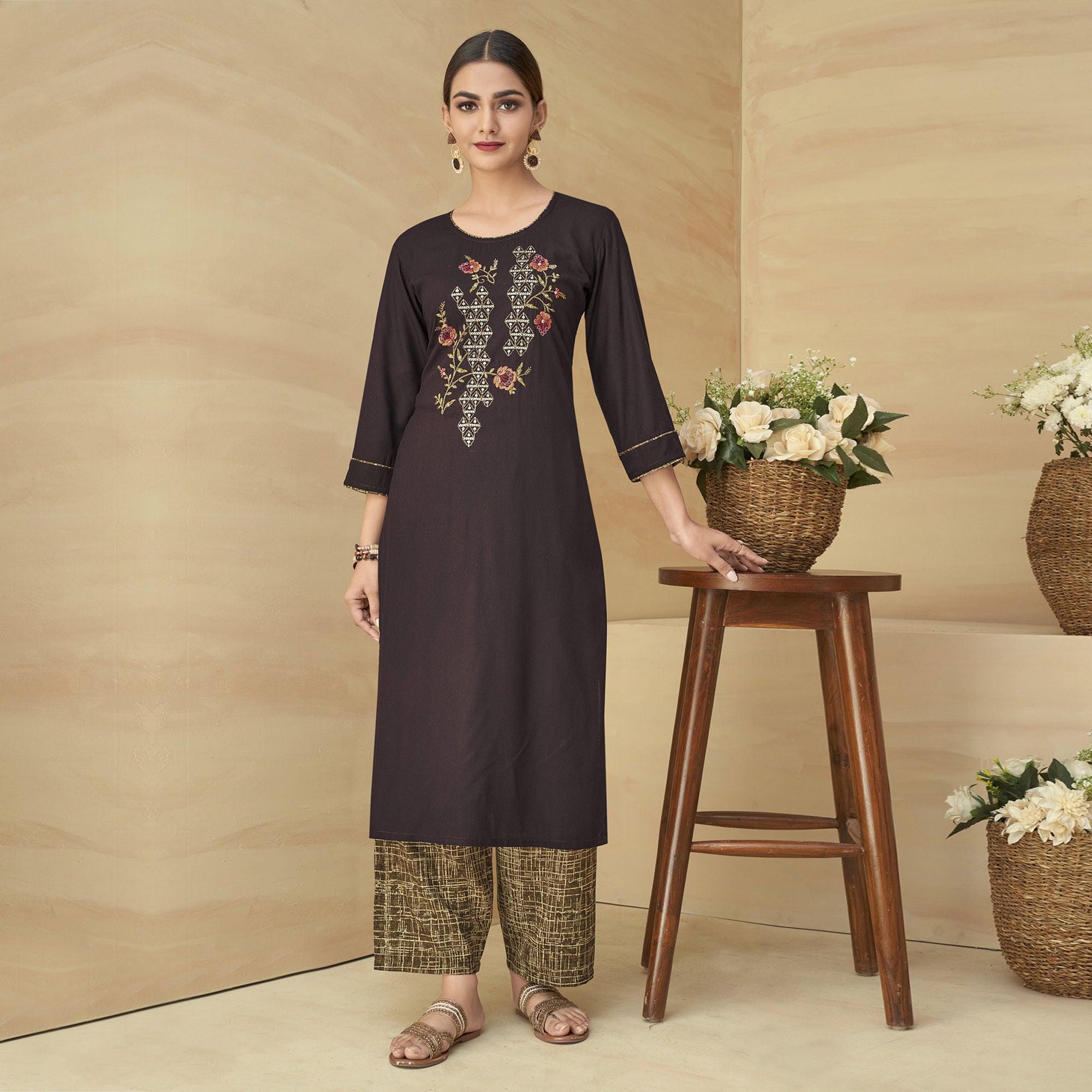 Brown Partywear Floral Embroidered Rayon Kurti Palazzo Set - Peachmode