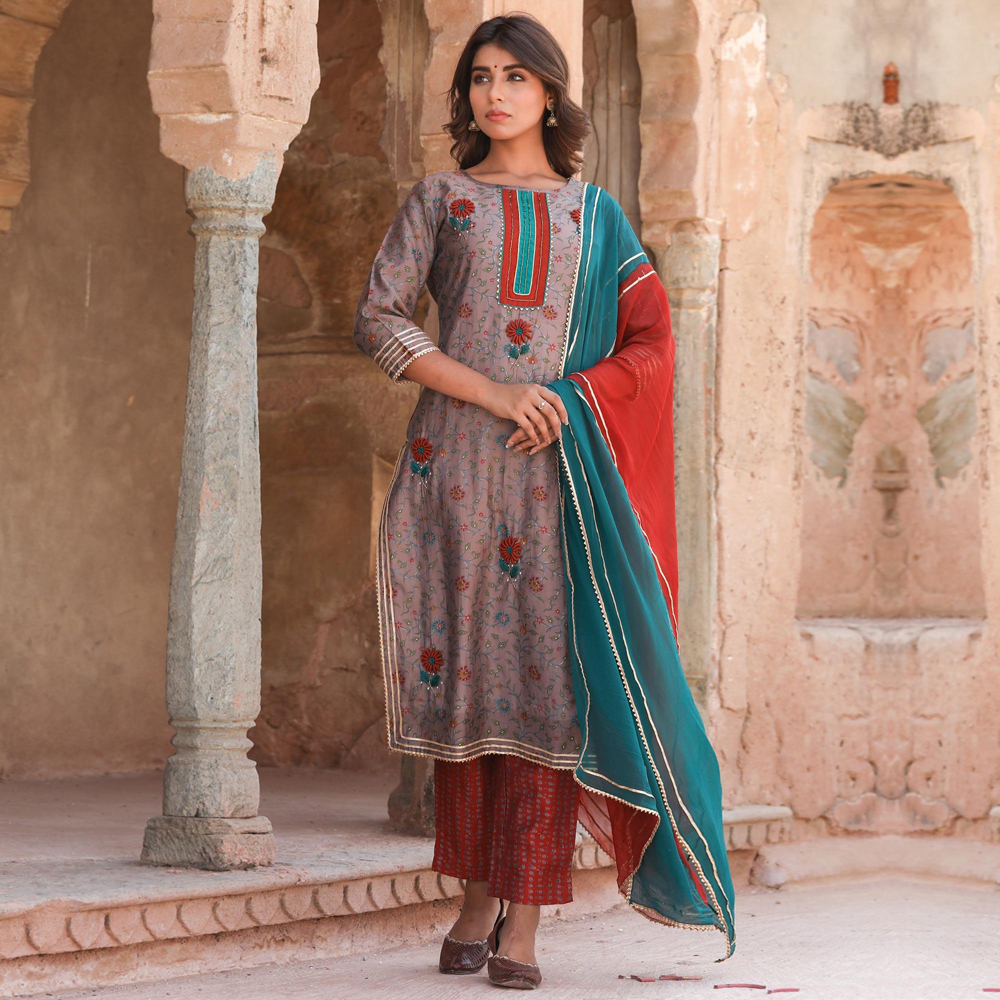 Brown Partywear Floral Printed Cotton Kurti - Pant Set With Dupatta - Peachmode