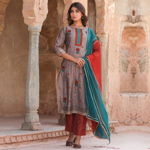 Brown Partywear Floral Printed Cotton Kurti - Pant Set With Dupatta - Peachmode