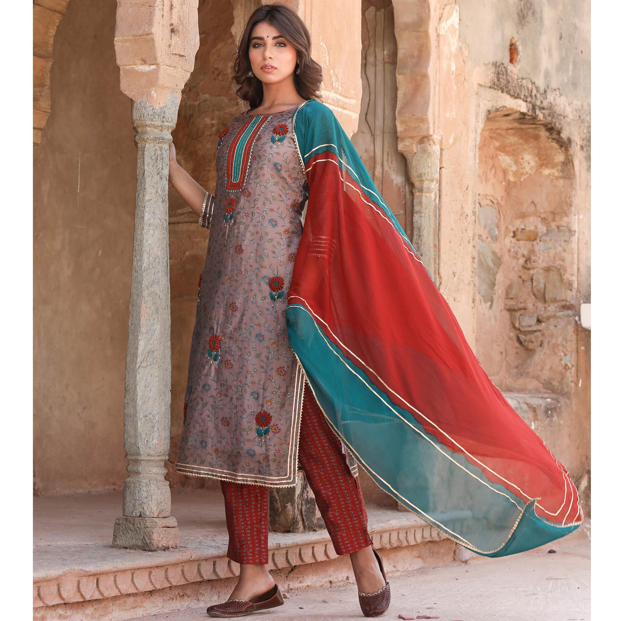 Brown Partywear Floral Printed Cotton Kurti - Pant Set With Dupatta - Peachmode