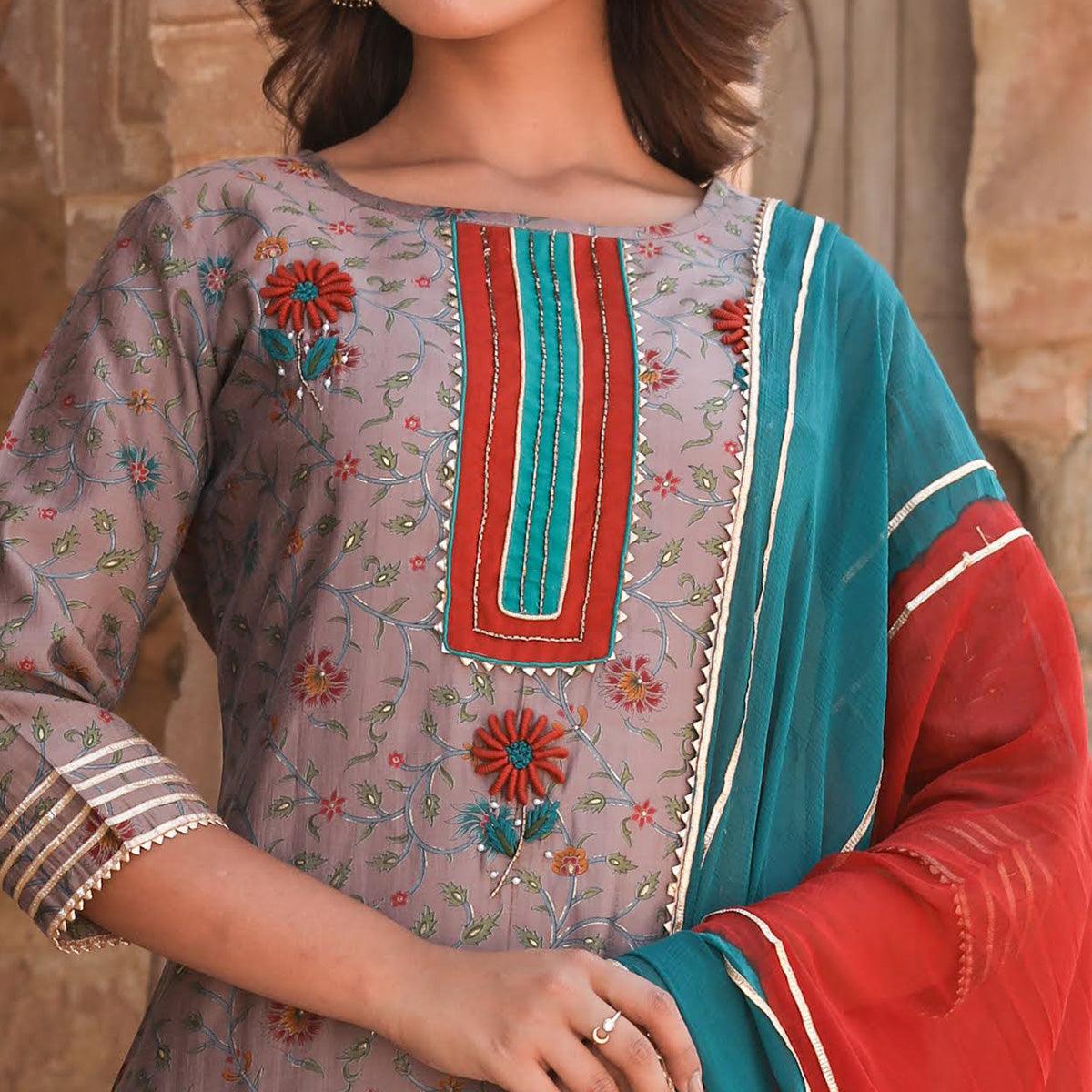 Brown Partywear Floral Printed Cotton Kurti - Pant Set With Dupatta - Peachmode