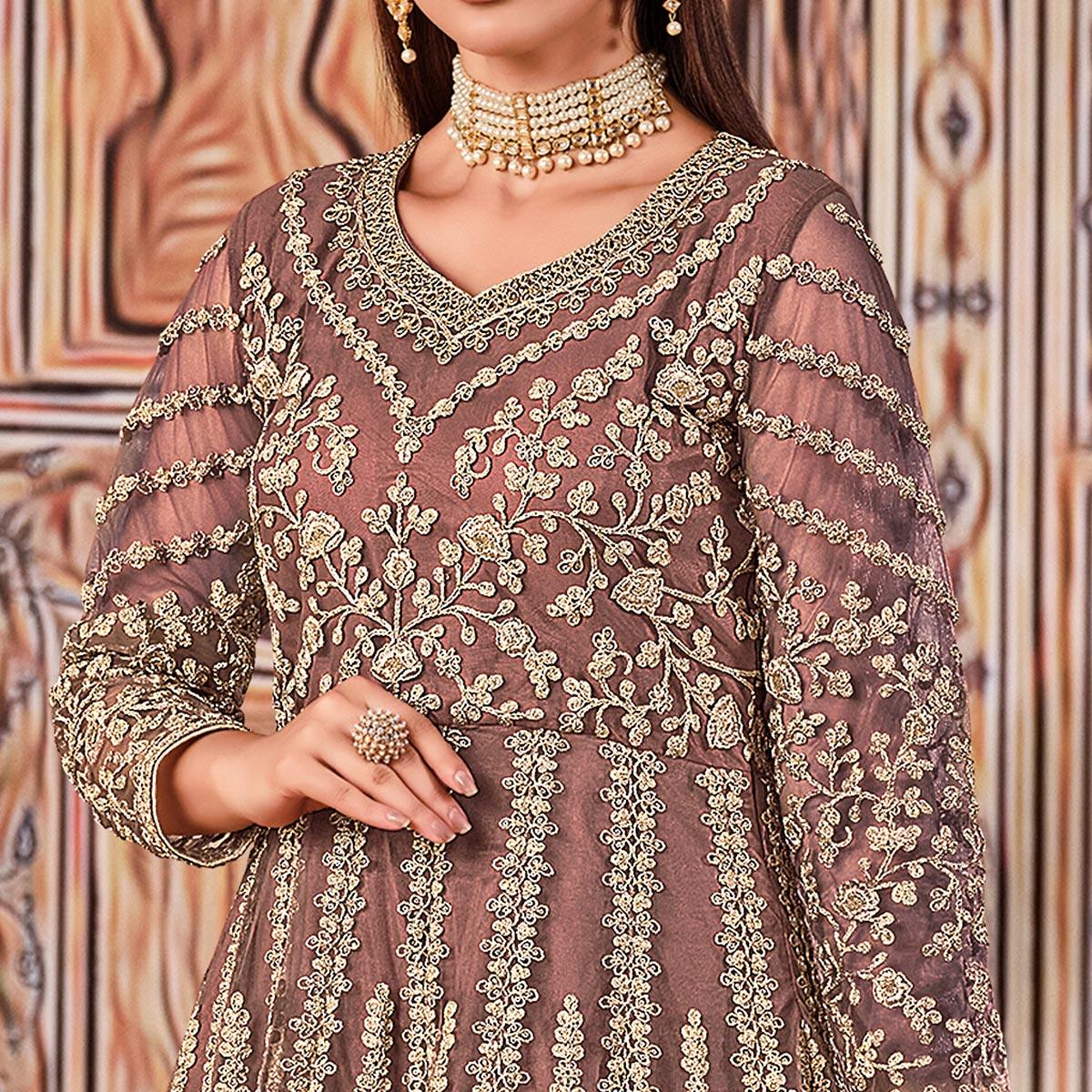 Brown Partywear Heavy Embroidered Net Anarkali Suit - Peachmode