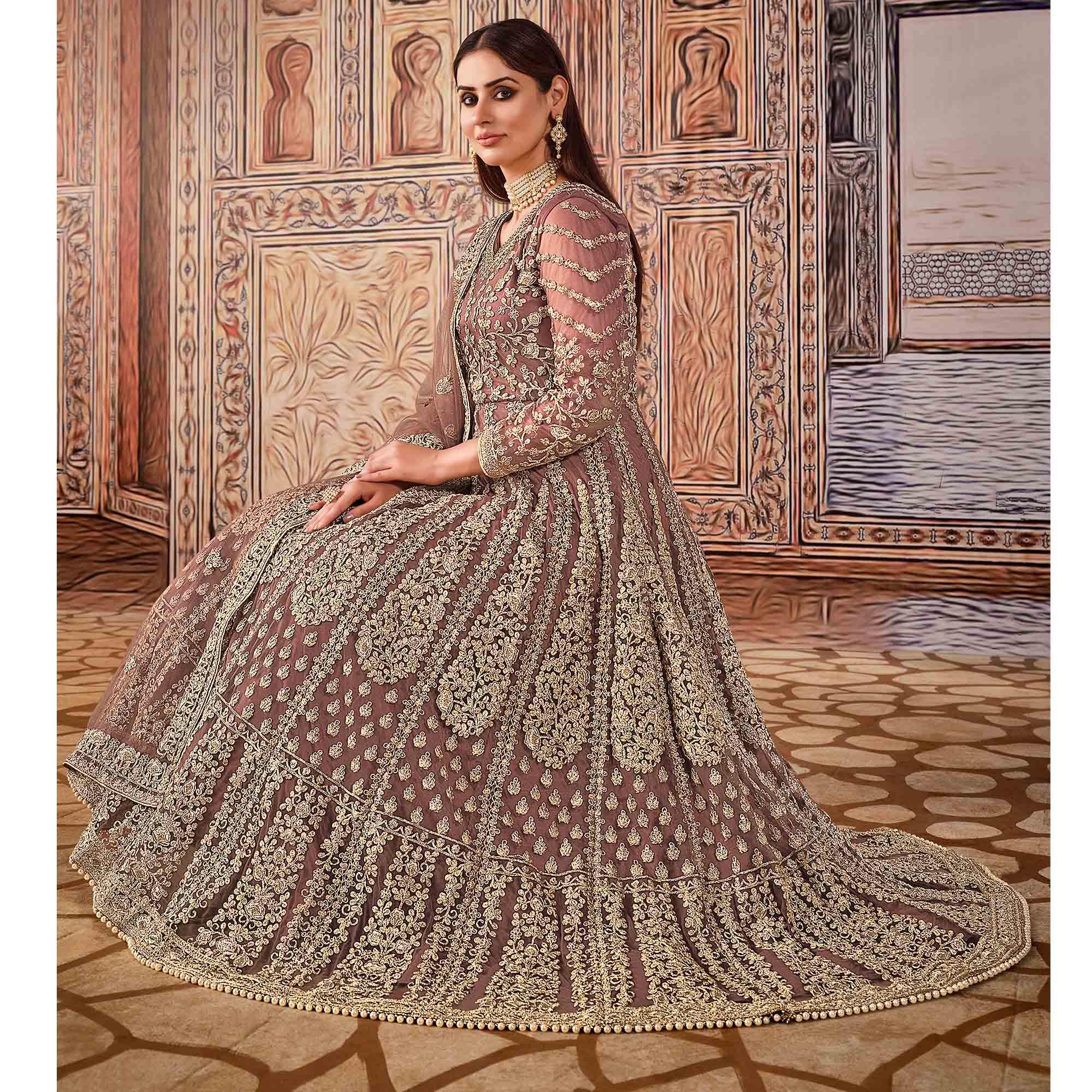 Brown Partywear Heavy Embroidered Net Anarkali Suit - Peachmode