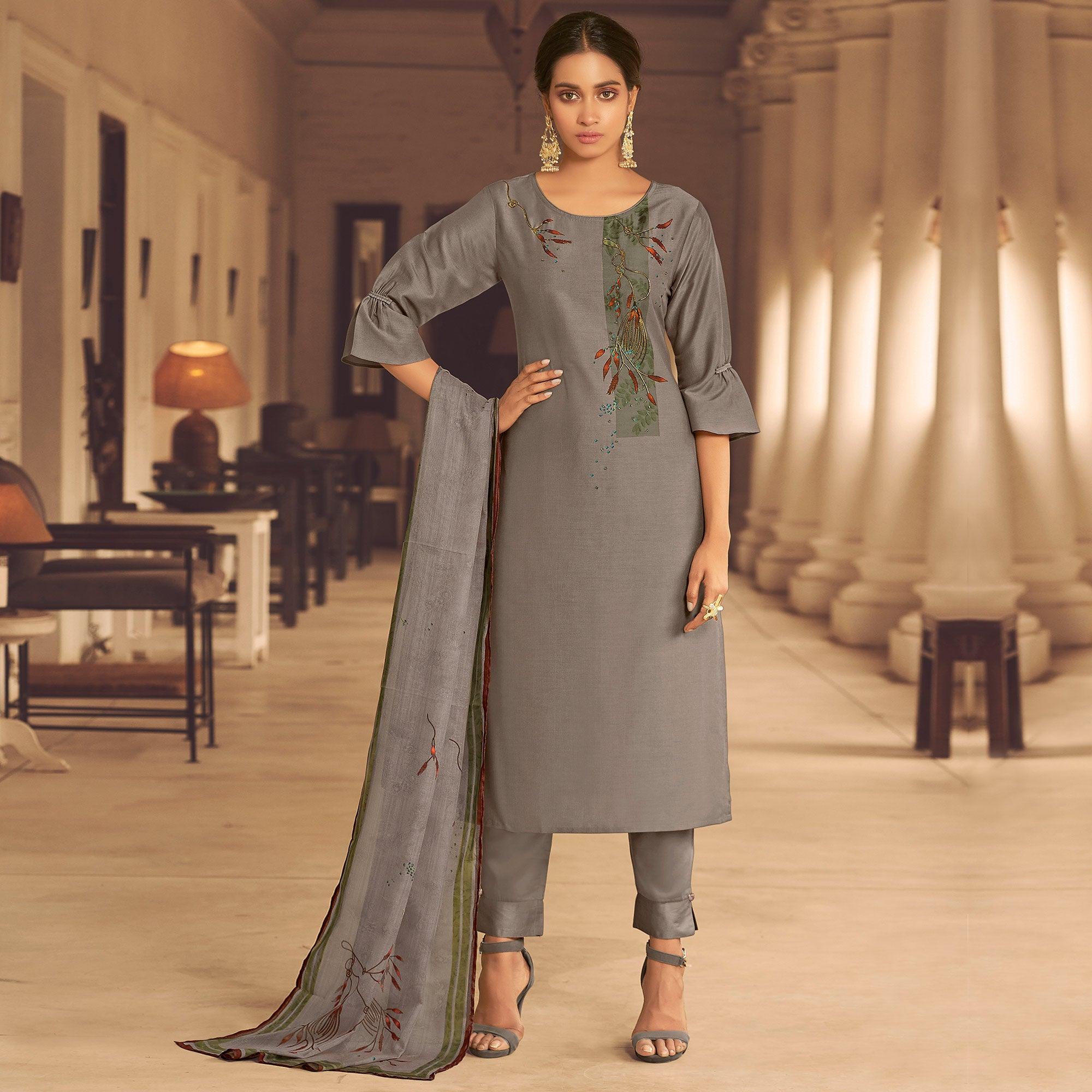 Brown Partywear Heavy Hand Work Bemberg Silk Suit - Peachmode