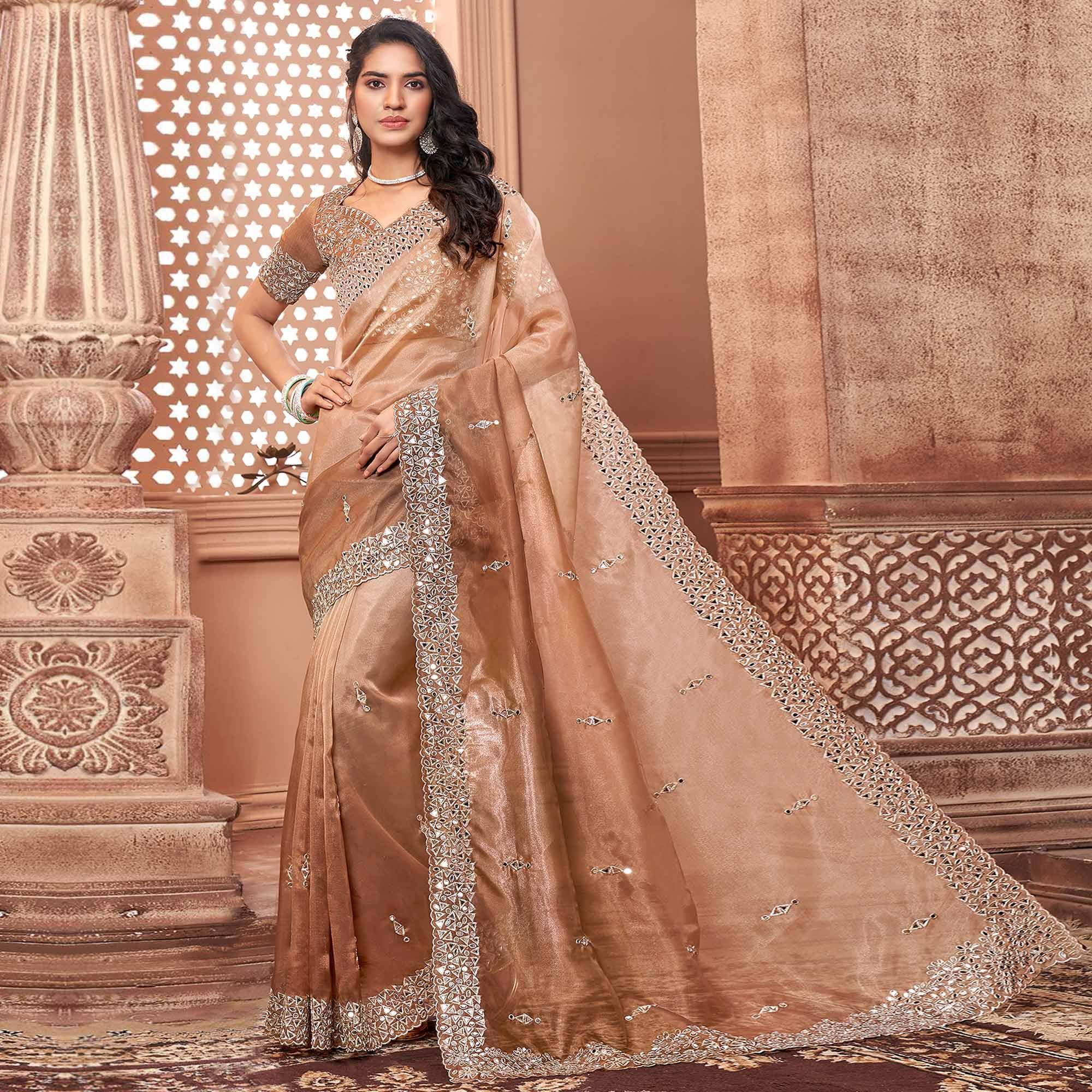 Brown Partywear Mirror Work Embroidered Organza Saree - Peachmode