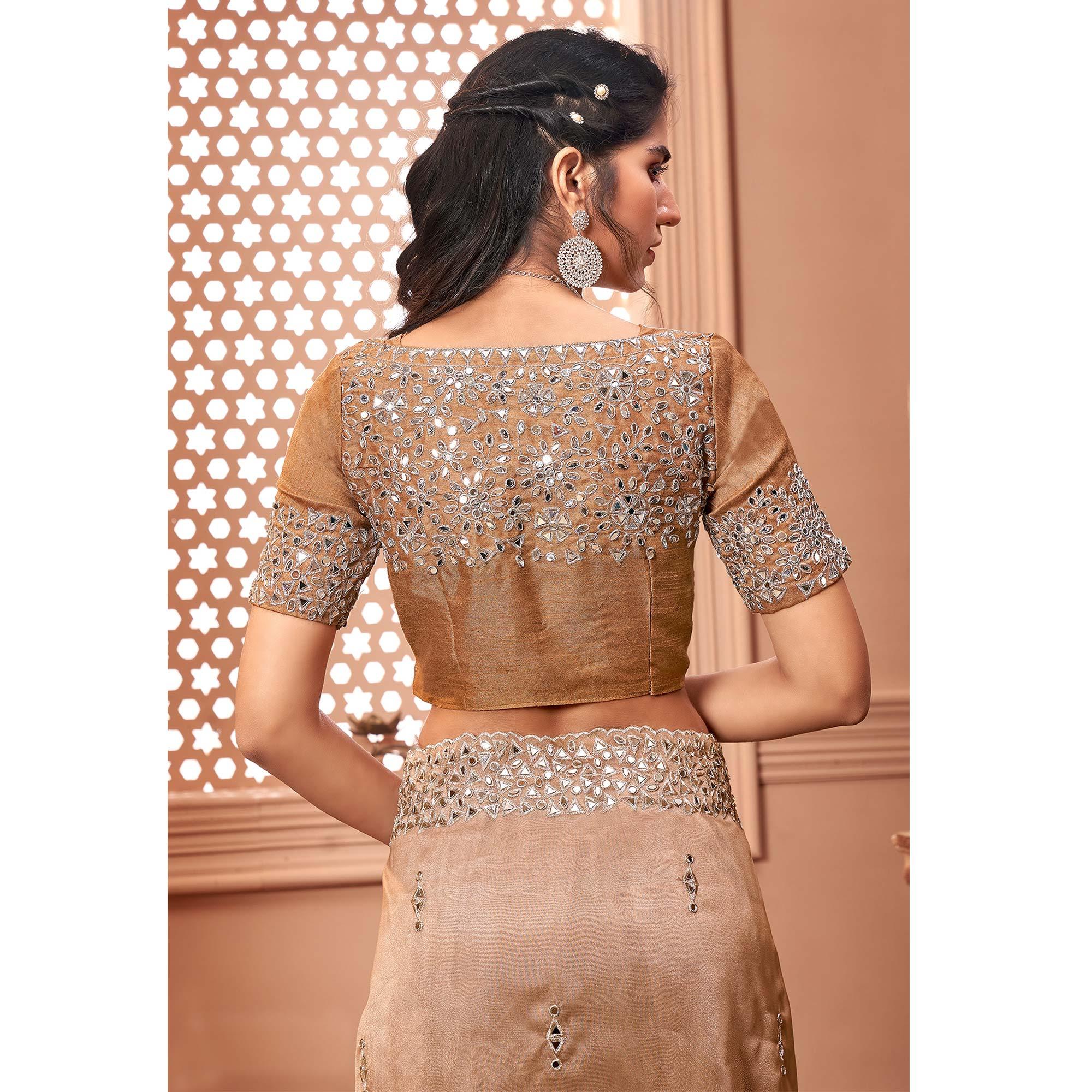 Brown Partywear Mirror Work Embroidered Organza Saree - Peachmode