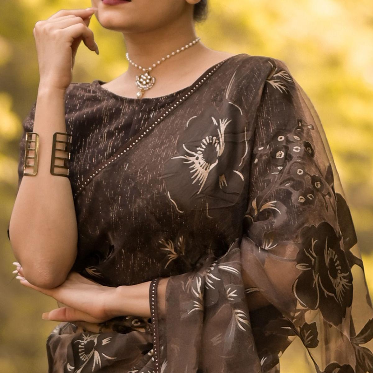 Brown Partywear Piping Stone Velvet Zari Organza Saree - Peachmode