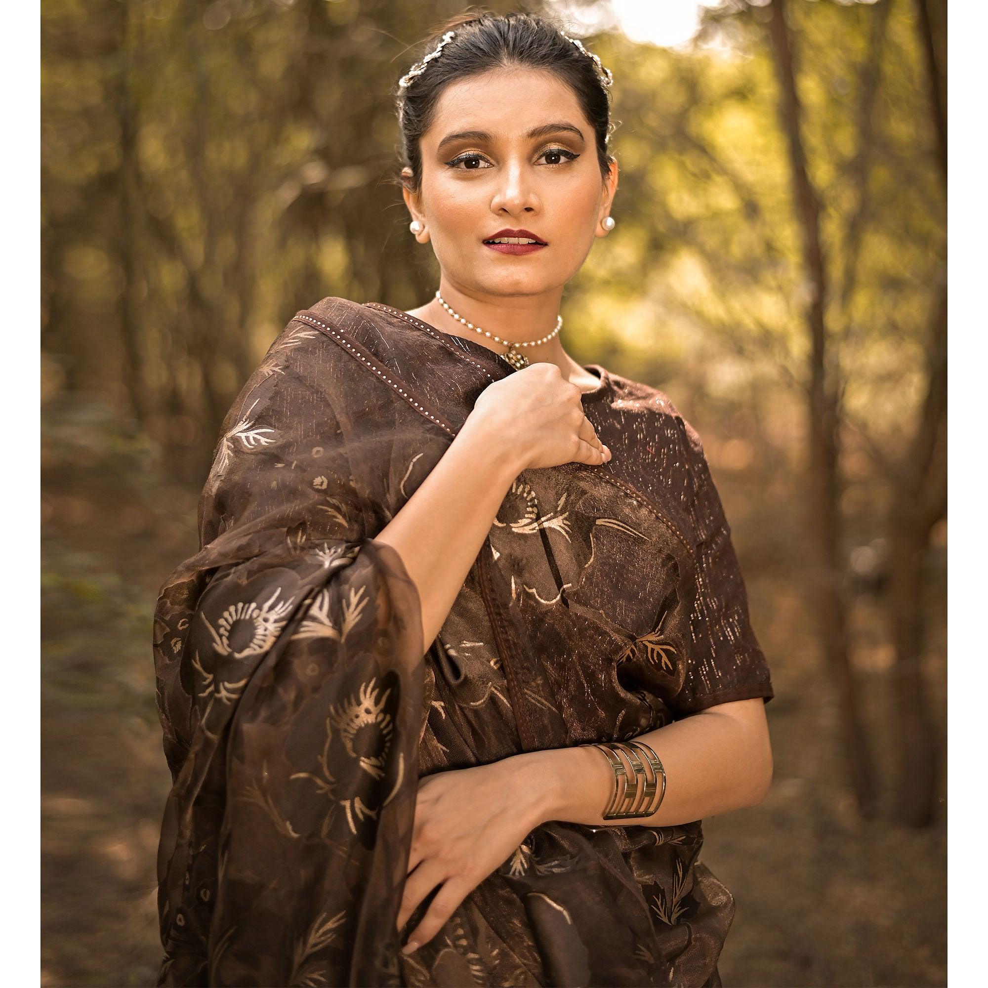 Brown Partywear Piping Stone Velvet Zari Organza Saree - Peachmode