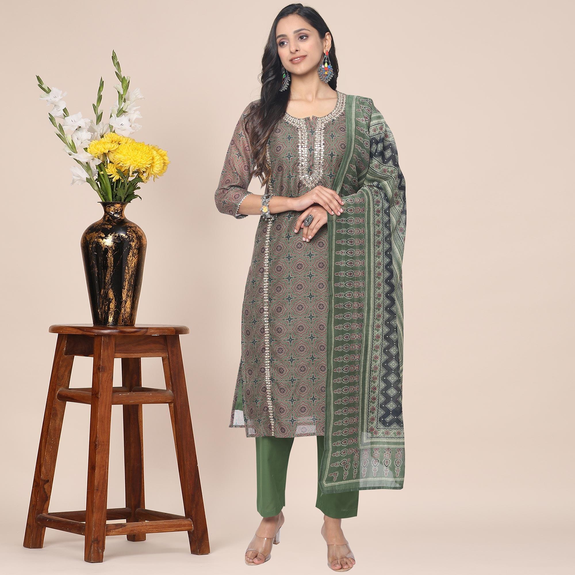 Brown Partywear Printed With Gotta Patti cotton Kurti Pant Set With Dupatta - Peachmode
