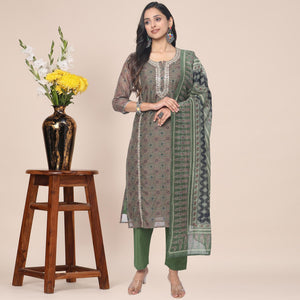 Brown Partywear Printed With Gotta Patti cotton Kurti Pant Set With Dupatta - Peachmode