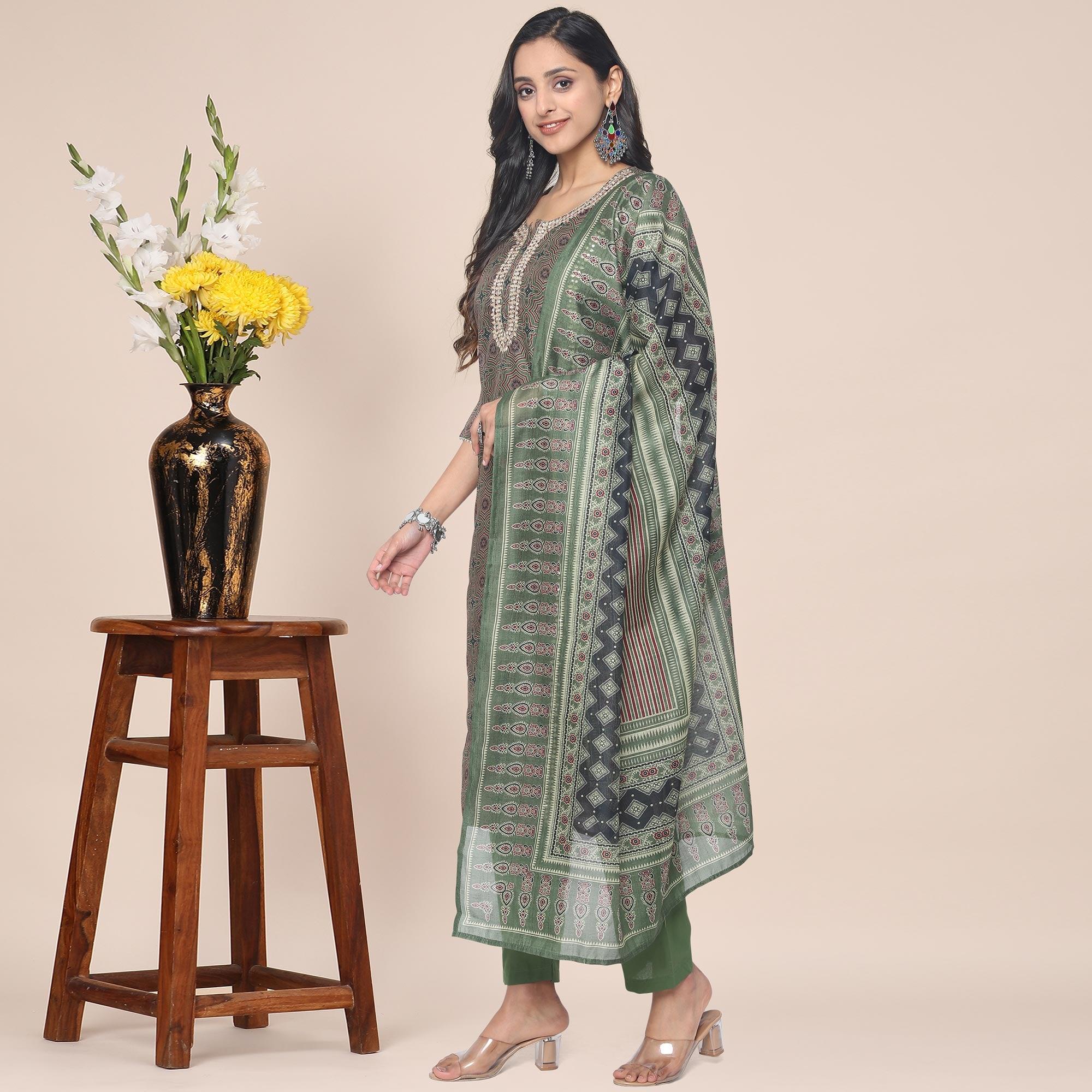 Brown Partywear Printed With Gotta Patti cotton Kurti Pant Set With Dupatta - Peachmode