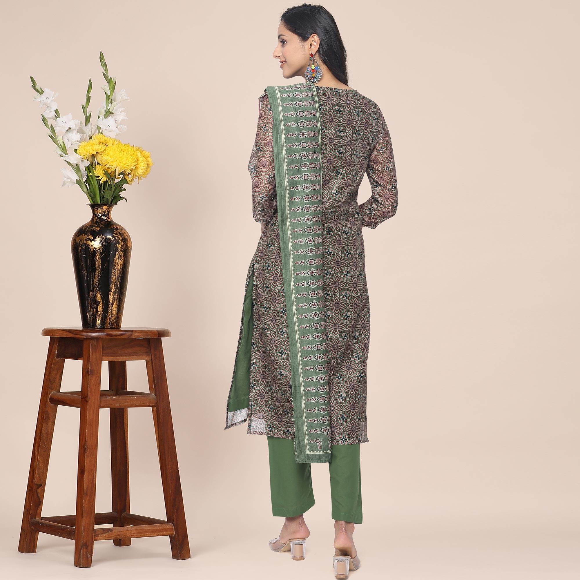 Brown Partywear Printed With Gotta Patti cotton Kurti Pant Set With Dupatta - Peachmode