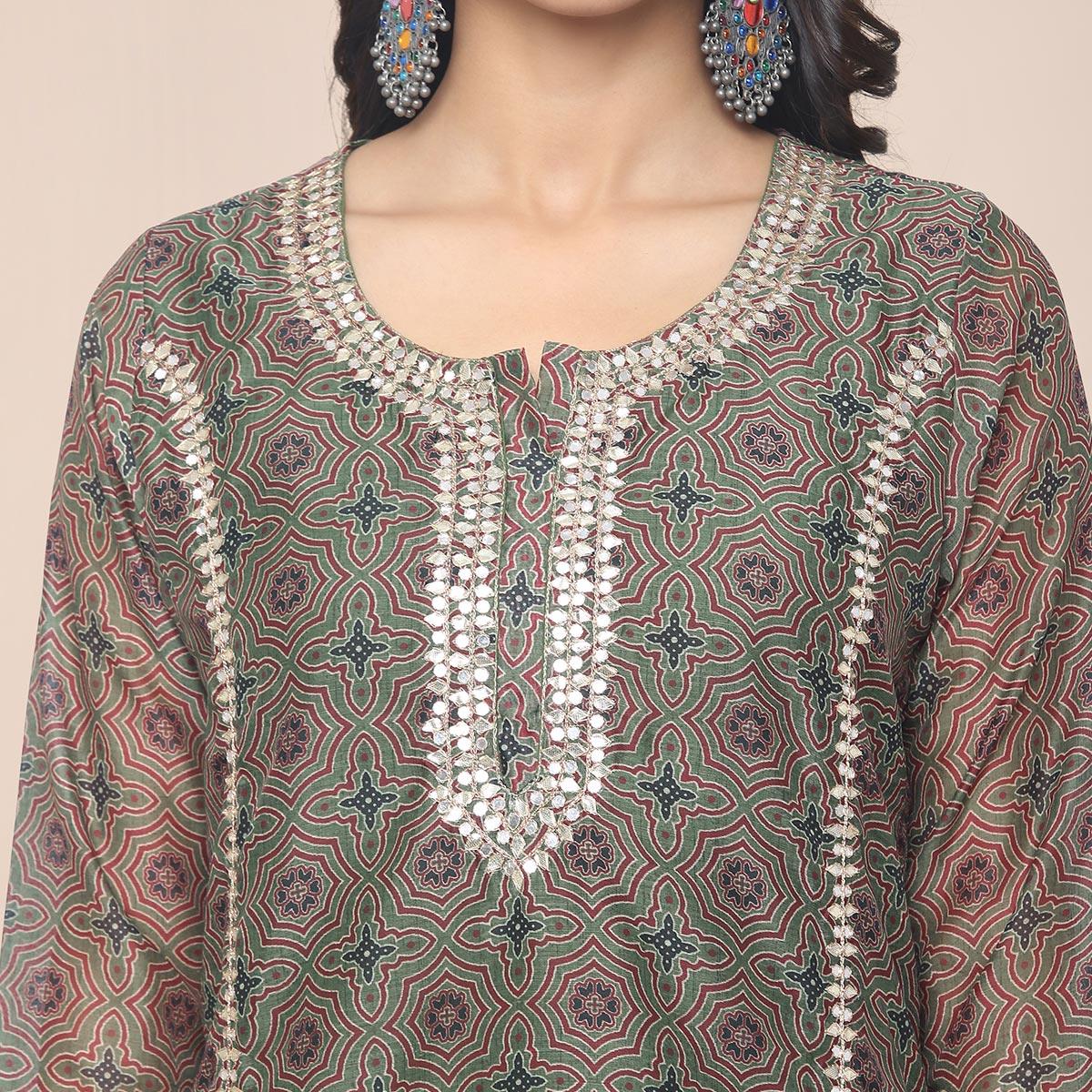Brown Partywear Printed With Gotta Patti cotton Kurti Pant Set With Dupatta - Peachmode