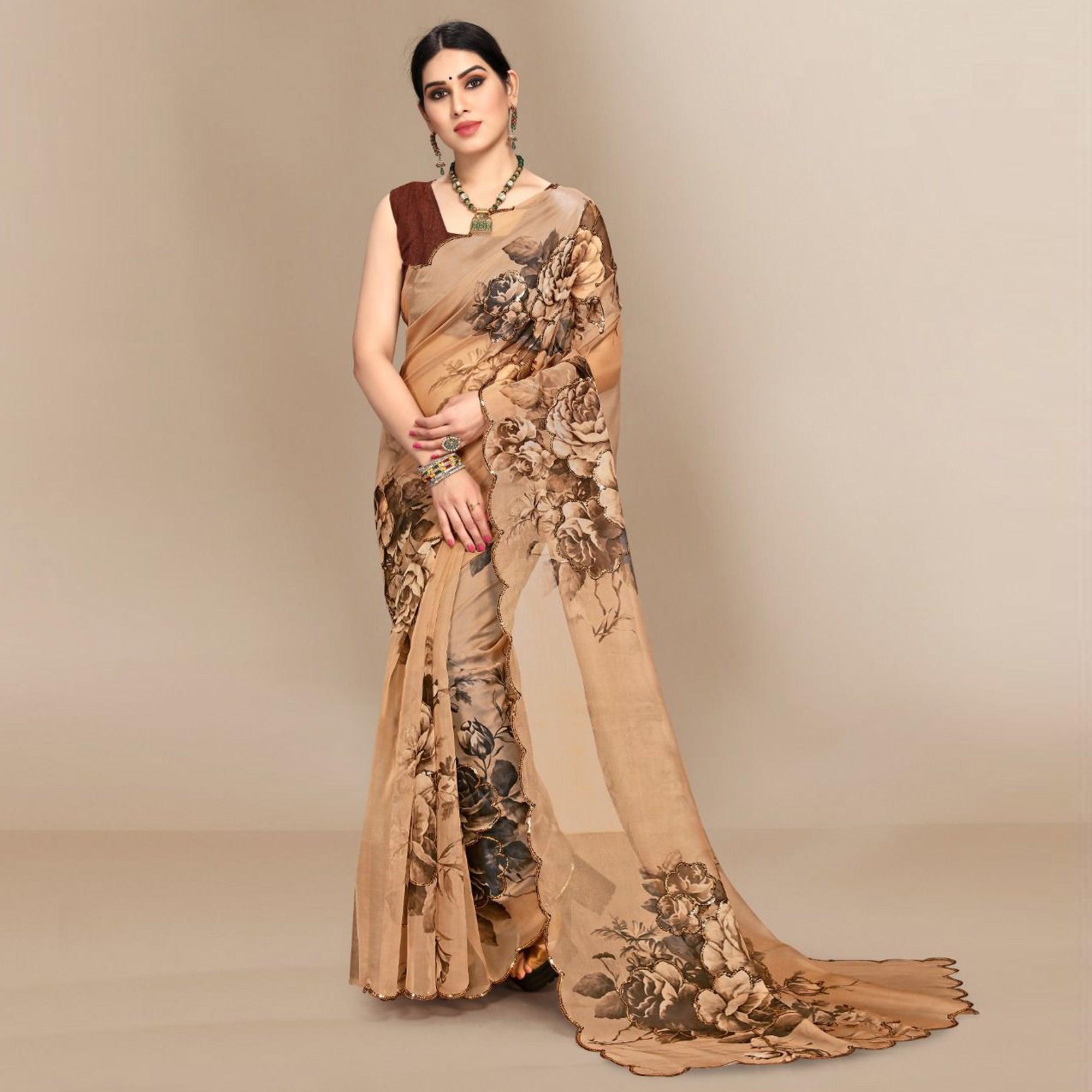 Brown Partywear Sequence & Printed Organza Saree - Peachmode