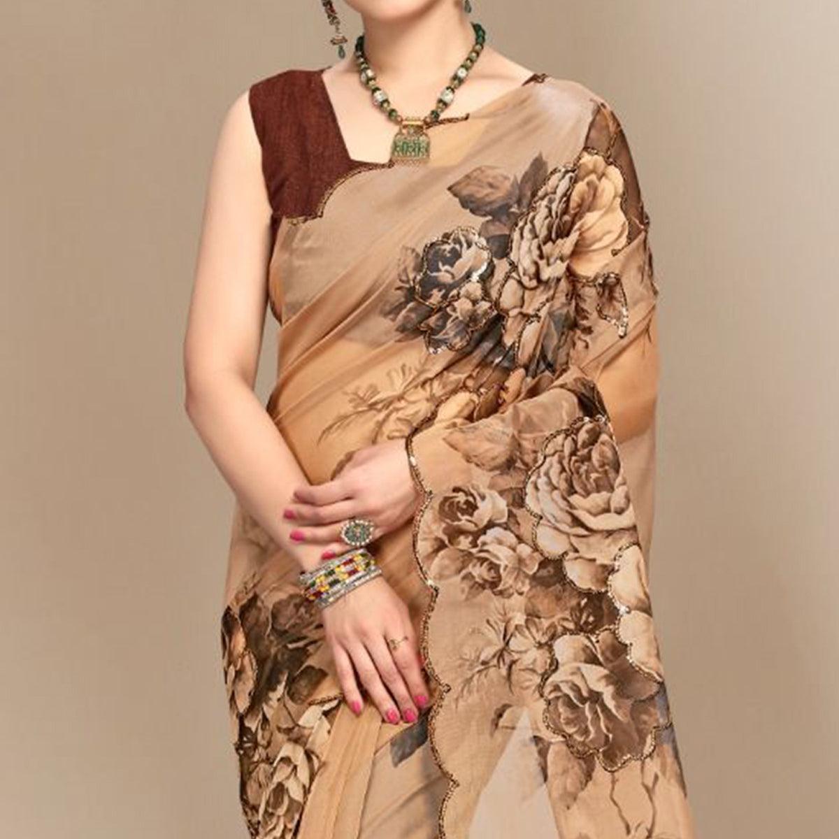 Brown Partywear Sequence & Printed Organza Saree - Peachmode