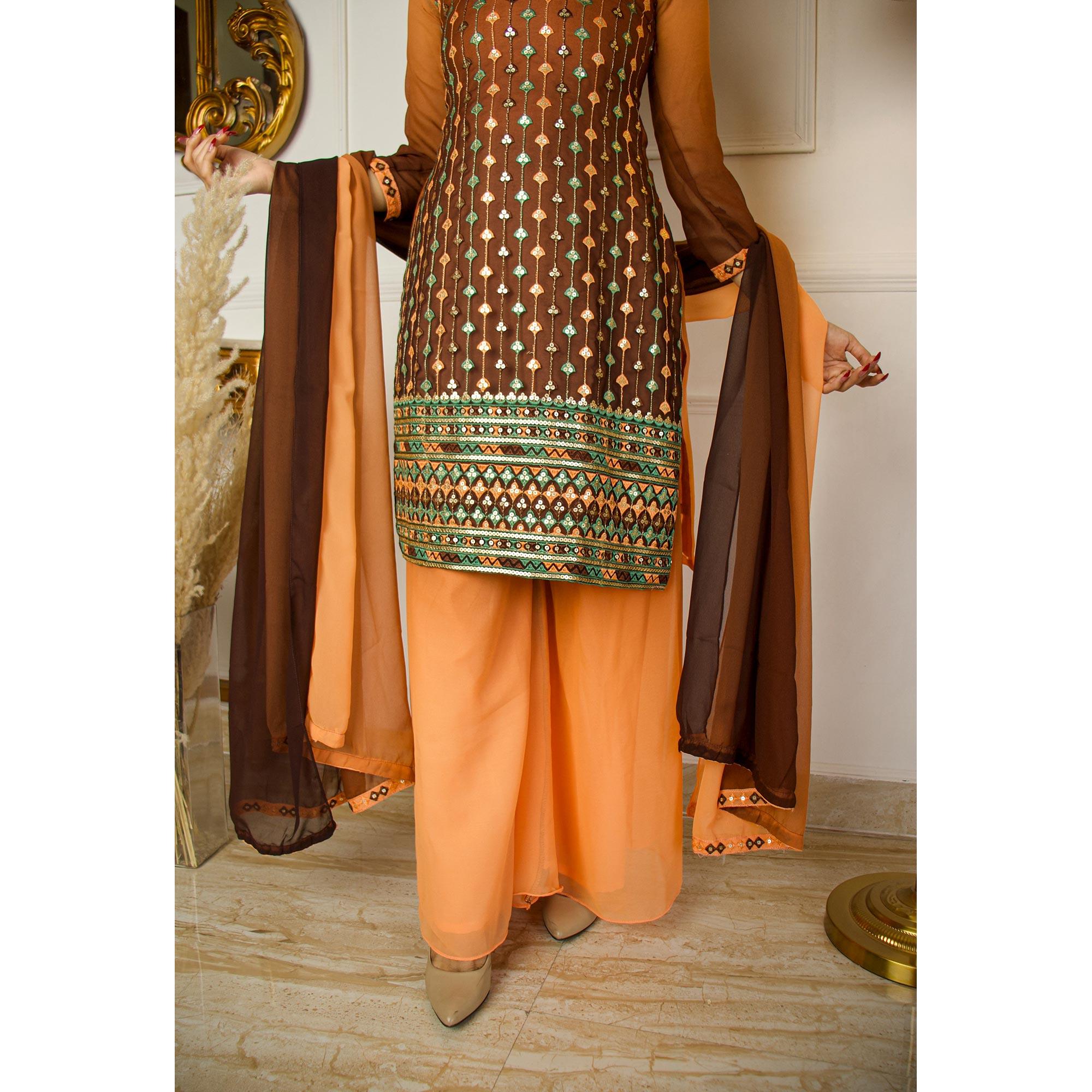 Brown Partywear Sequence Embroidered Georgette Palazzo Suit With Dupatta - Peachmode